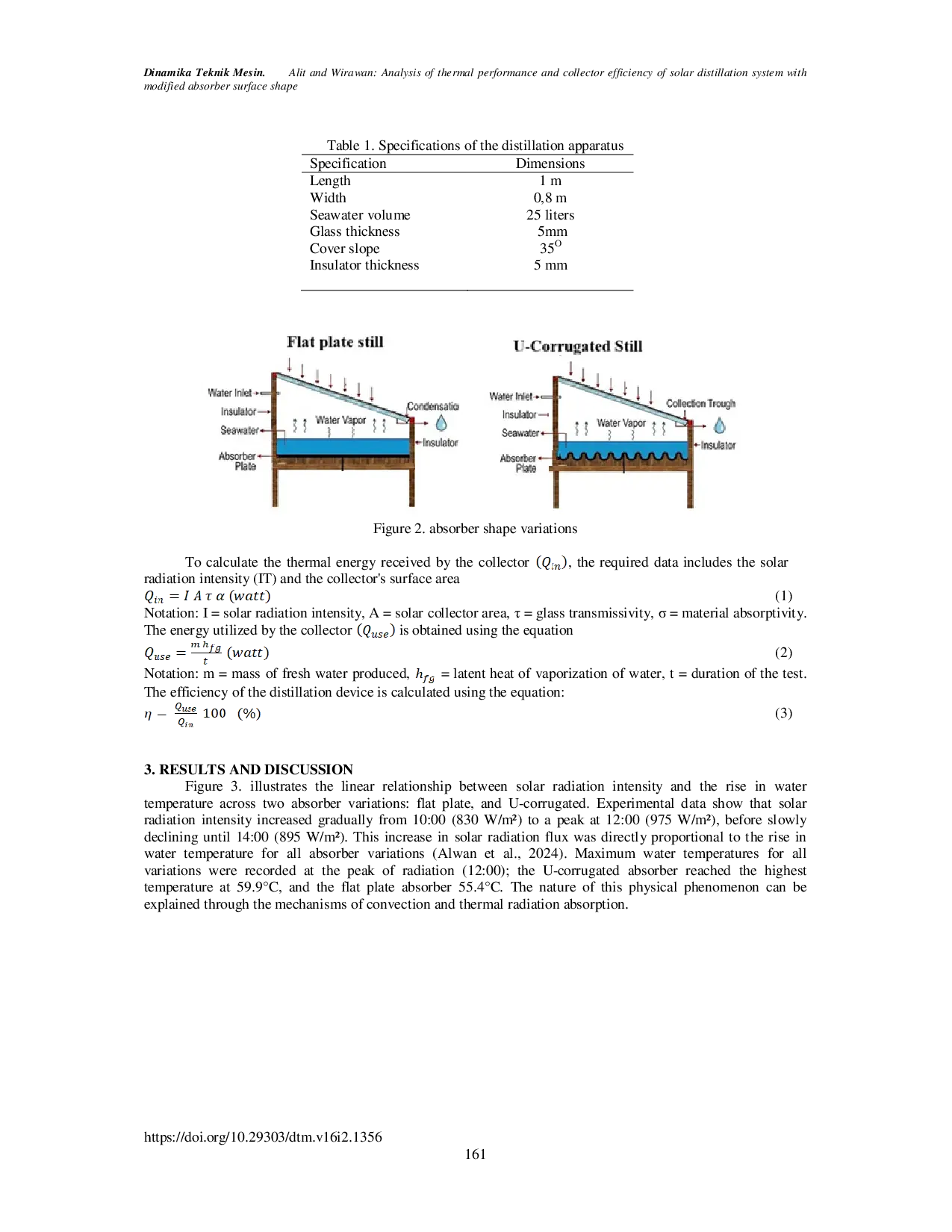 JURIS Analysis of thermal performance and collector efficiency of solar distillation system with modified absorber surface shape