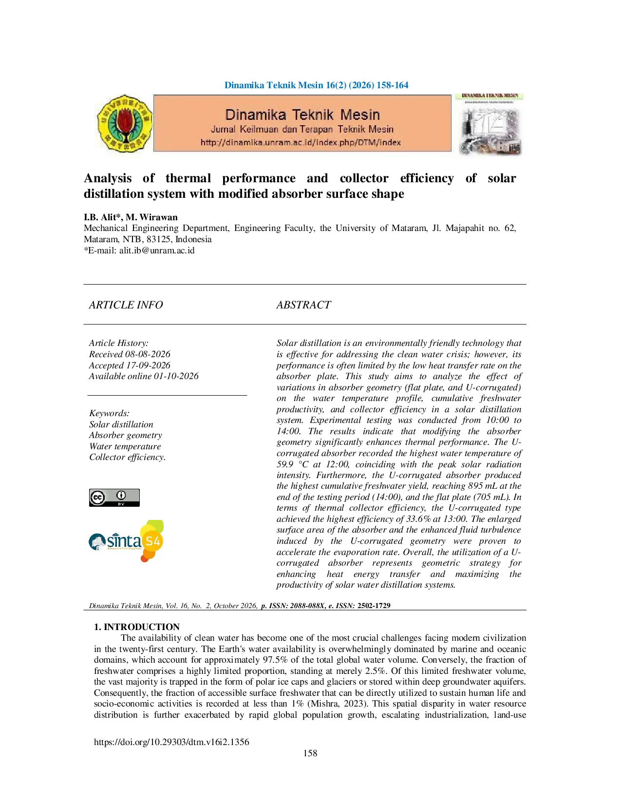 JURIS Analysis of thermal performance and collector efficiency of solar distillation system with modified absorber surface shape