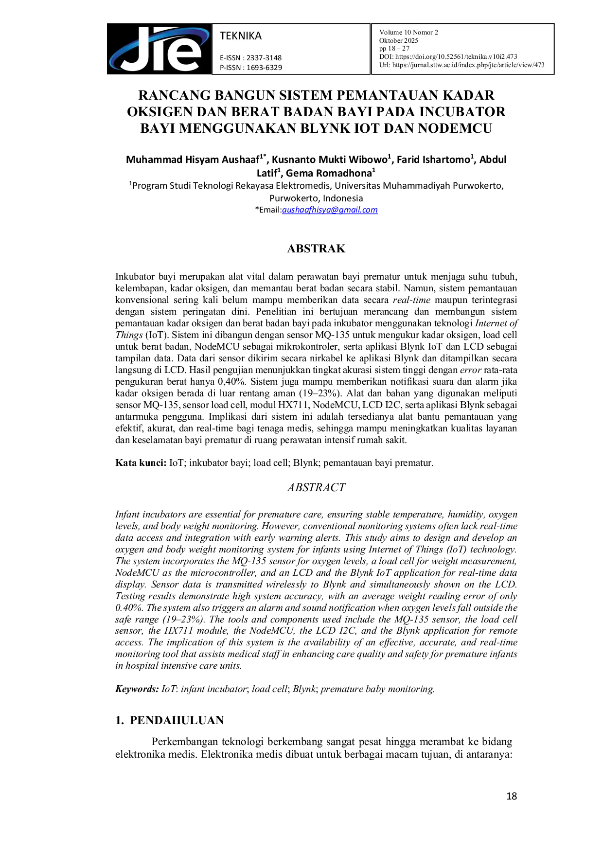 JURIS Rancang Bangun Sistem Pemantauan Kadar Oksigen Dan Berat Badan Bayi Pada Incubator Bayi Menggunakan Blynk Iot Dan Nodemcu