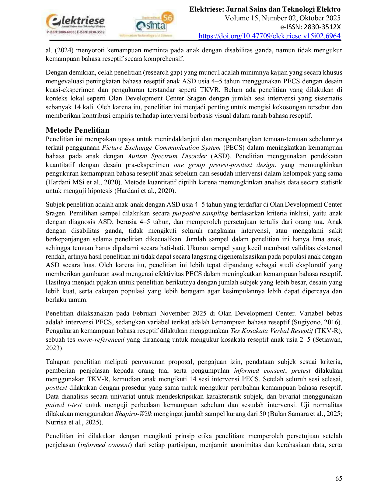 JURIS Efektivitas PECS untuk Meningkatkan Kemampuan Bahasa Reseptif Anak dengan Autism Spectrum Disorder Usia 4 5 Tahun The Effectiveness of PECS in Improving Receptive Language Skills in Children with Aut