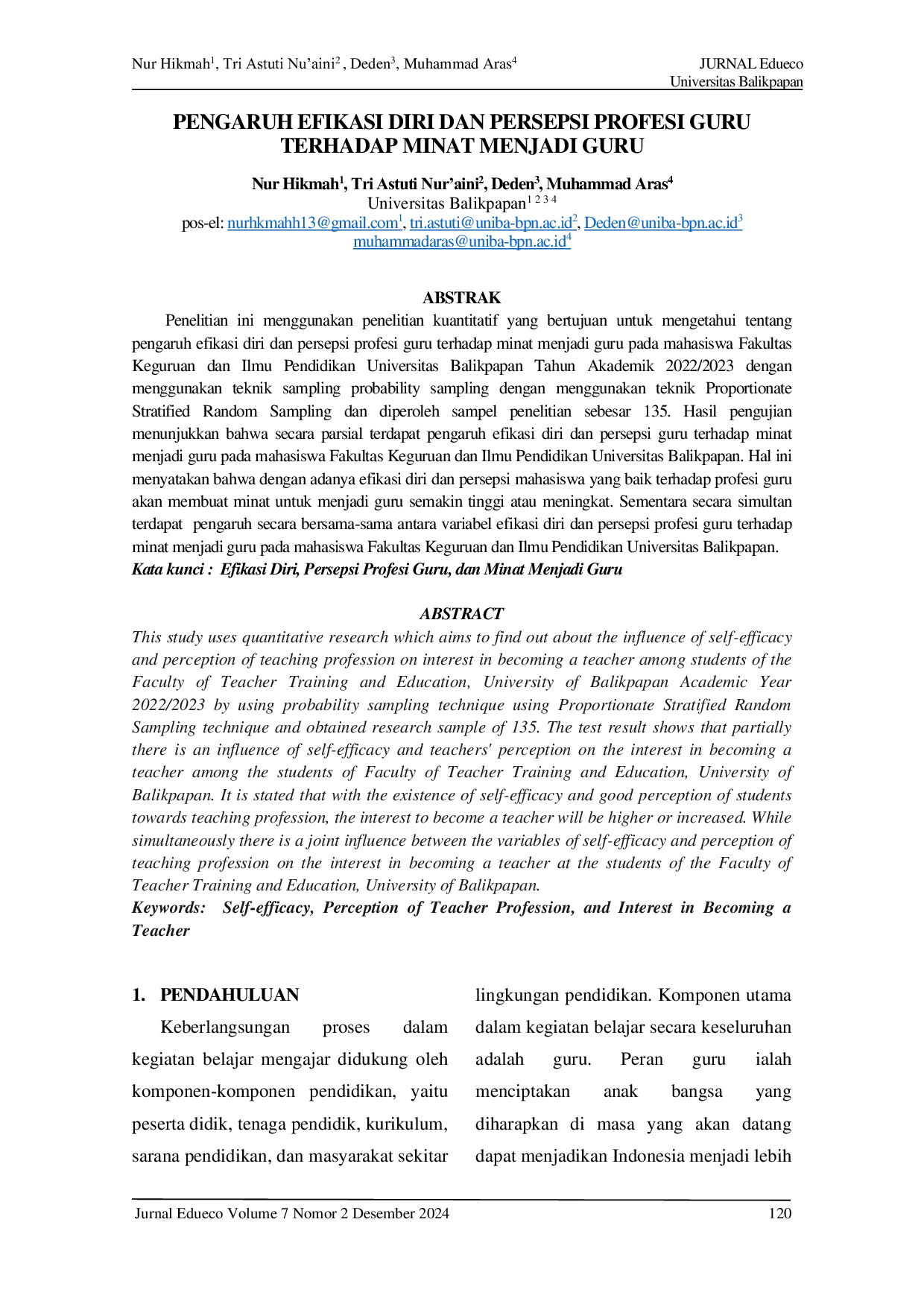 JURIS Pengaruh Efiikasi Diri Dan Persepsi Profesi Guru Terhadap Minat Menjadi Guru