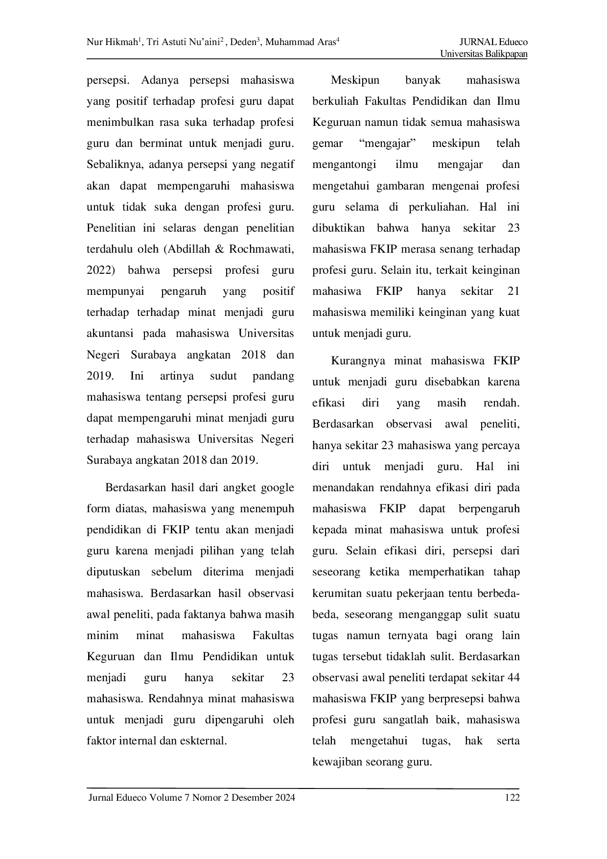 JURIS Pengaruh Efiikasi Diri Dan Persepsi Profesi Guru Terhadap Minat Menjadi Guru