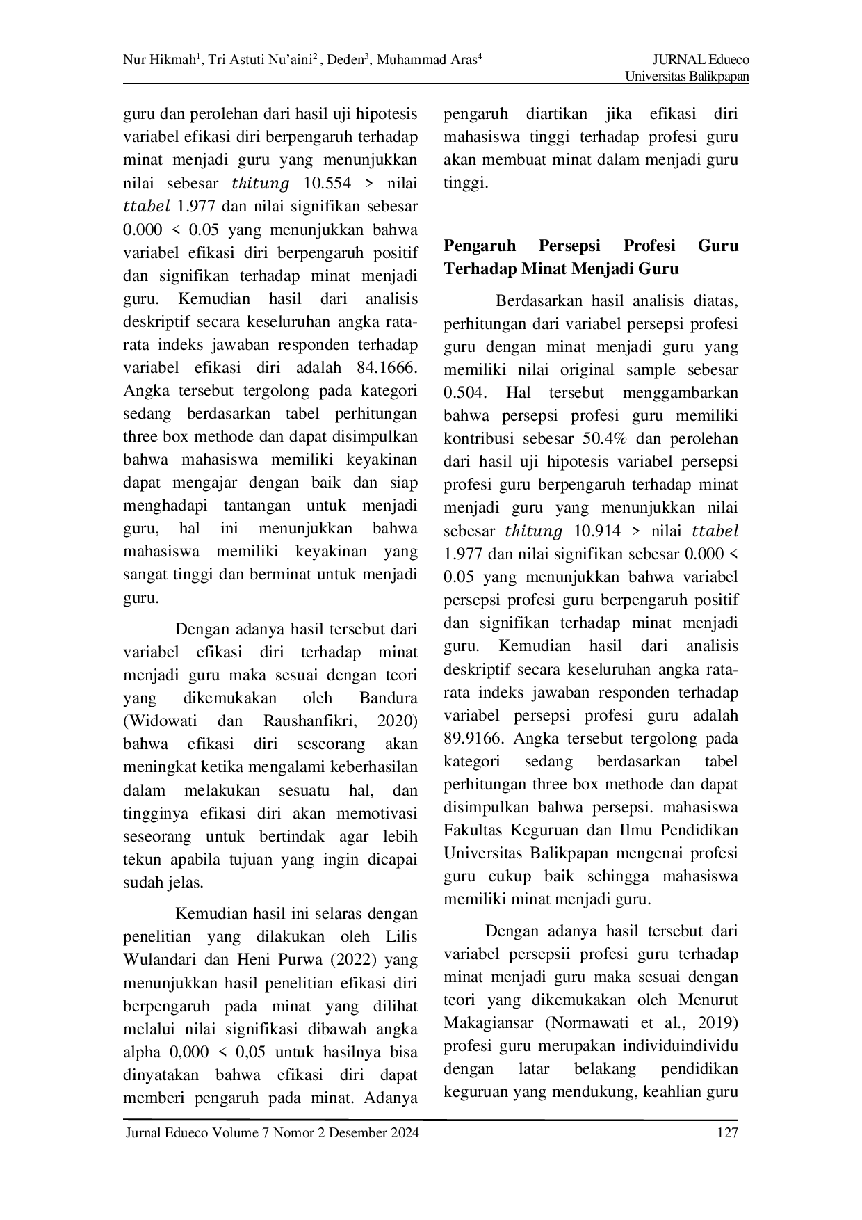 JURIS Pengaruh Efiikasi Diri Dan Persepsi Profesi Guru Terhadap Minat Menjadi Guru