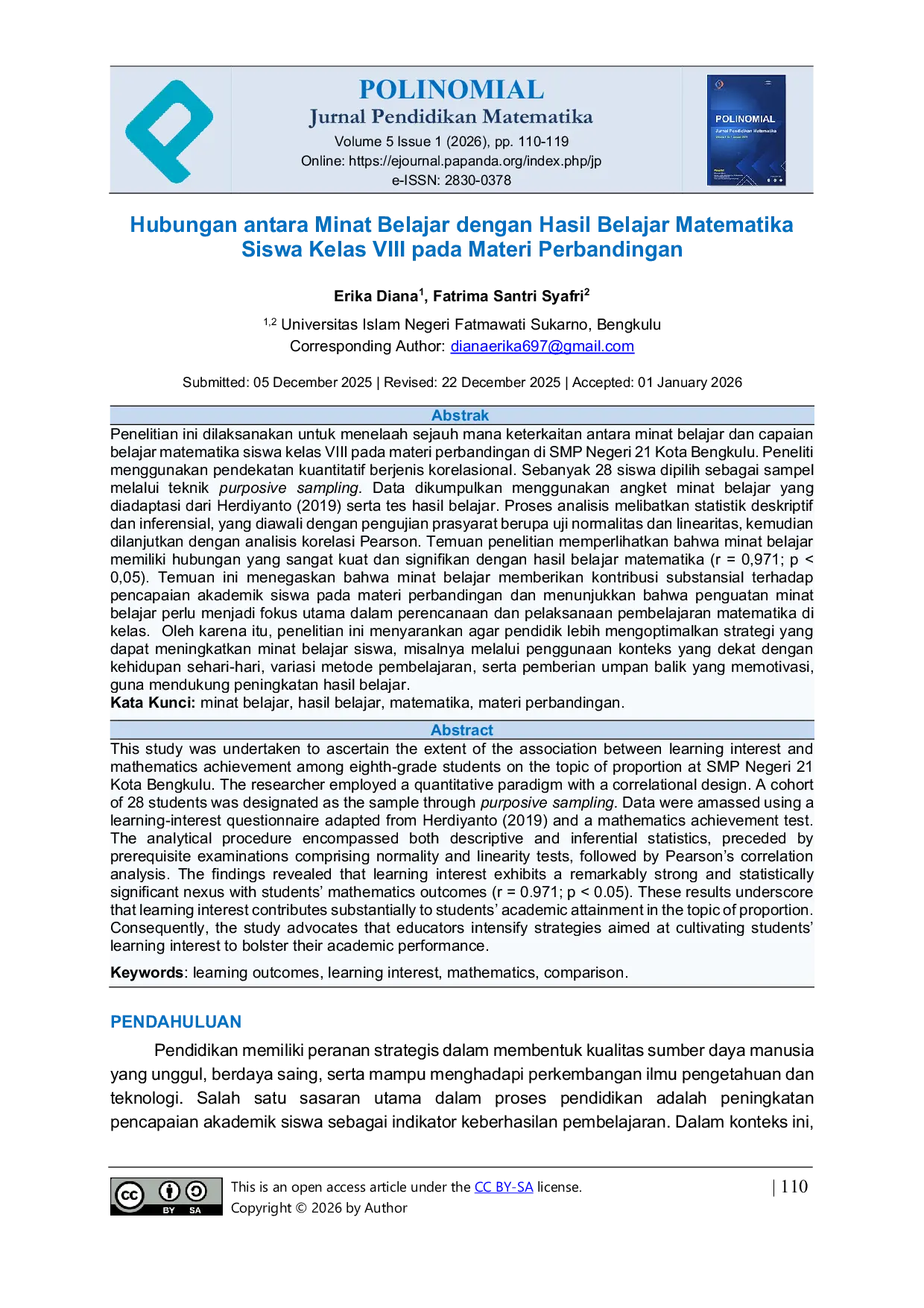 JURIS Hubungan antara Minat Belajar dengan Hasil Belajar Matematika Siswa Kelas VIII pada Materi Perbandingan