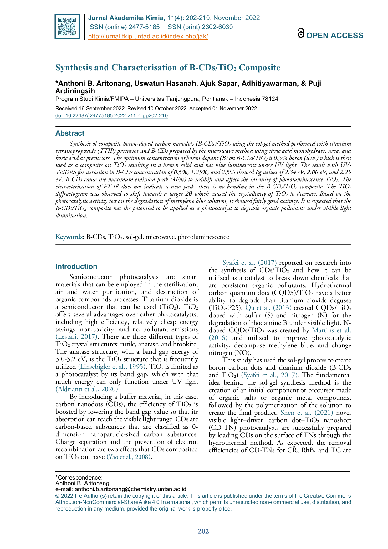 JURIS Synthesis and Characterisation of B CDs TiO2 Composite