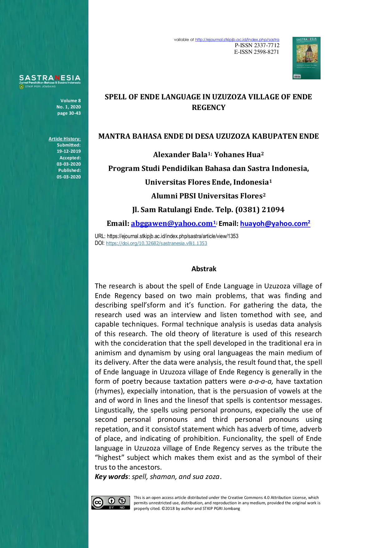 JURIS Spell of Ende Language in Uzuzoza Village of Ende Regency