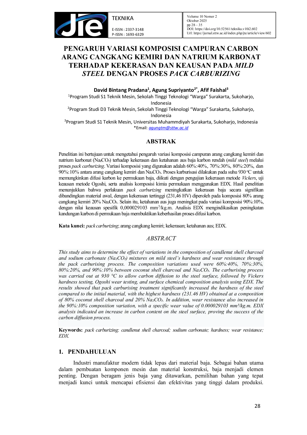 JURIS Pengaruh Variasi Komposisi Campuran Carbon Arang Cangkang Kemiri Dan Natrium Karbonat Terhadap Kekerasan Dan Keausan Pada Mild Steel Dengan Proses Pack Carburizing
