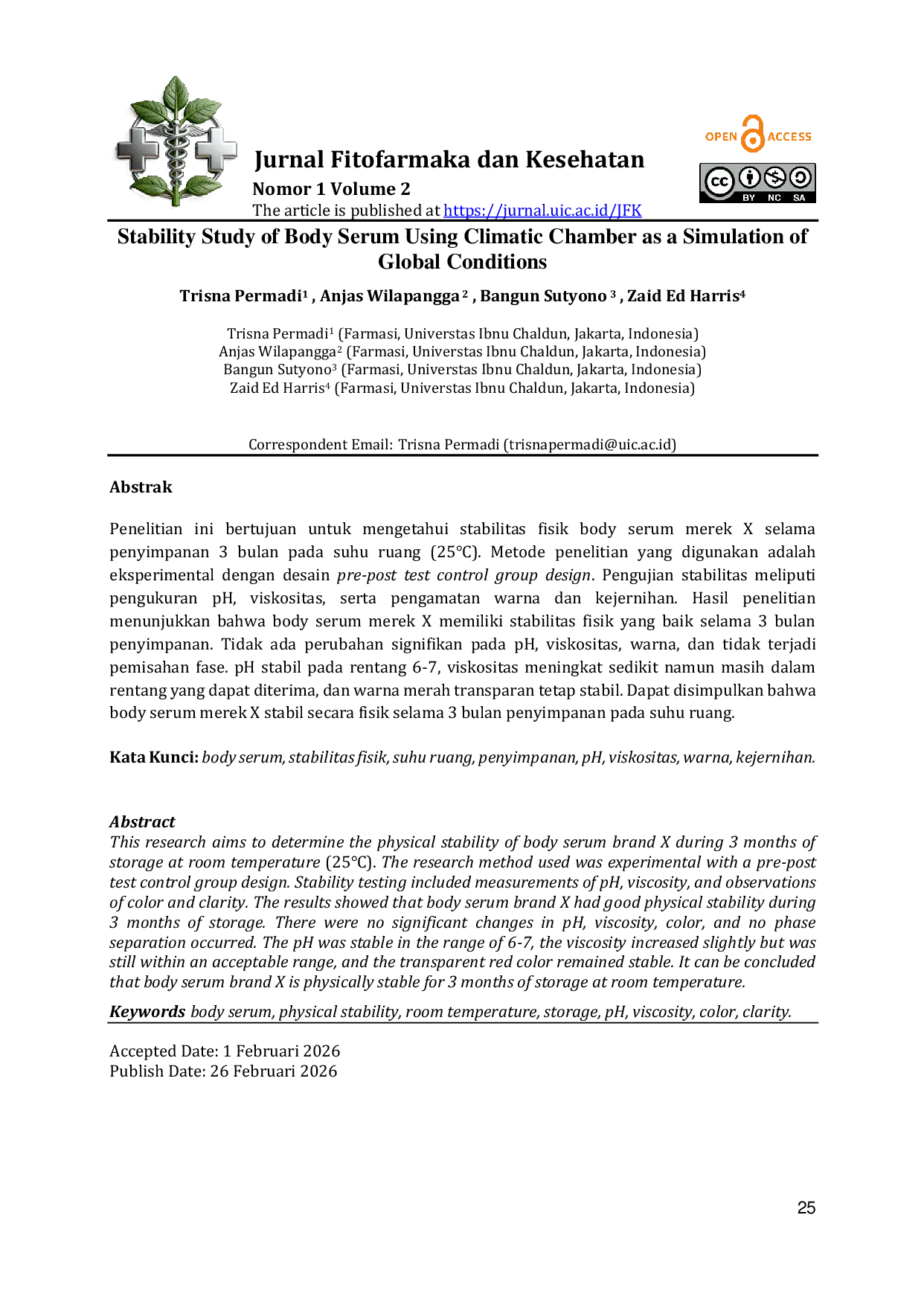 JURIS Stability Study Of Body Serum Using Climatic Chamber As A Simulation Of Global Conditions