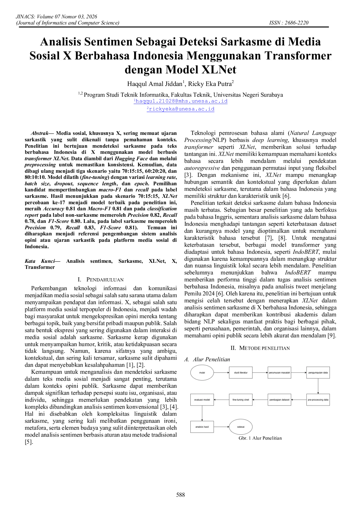 JURIS Analisis Sentimen Sebagai Deteksi Sarkasme di Media Sosial X Berbahasa Indonesia Menggunakan Transformer dengan Model XLNet