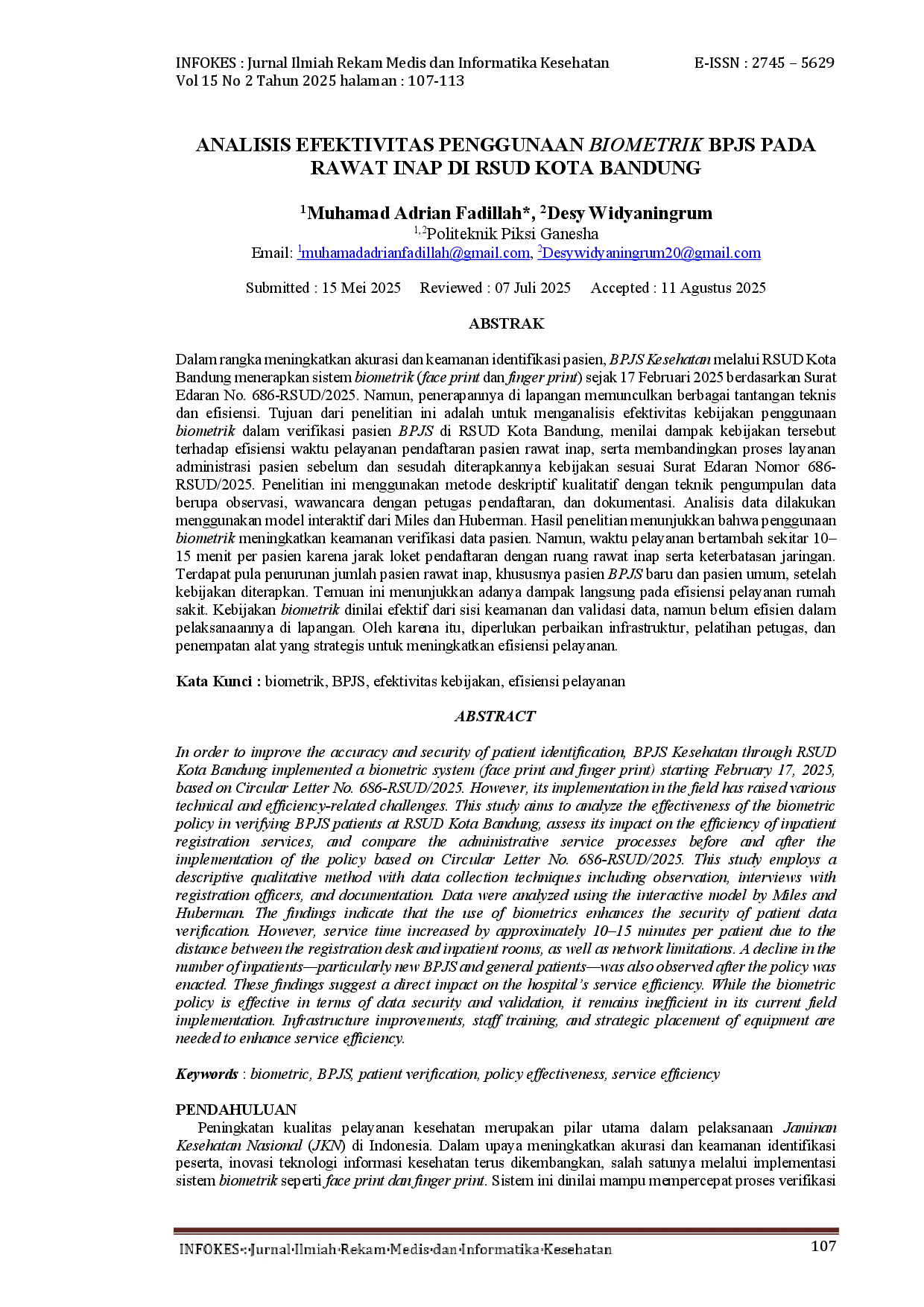 juris Analisis Efektivitas Penggunaan Biometrik BPJS pada Rawat Inap di RSUD Kota Bandung