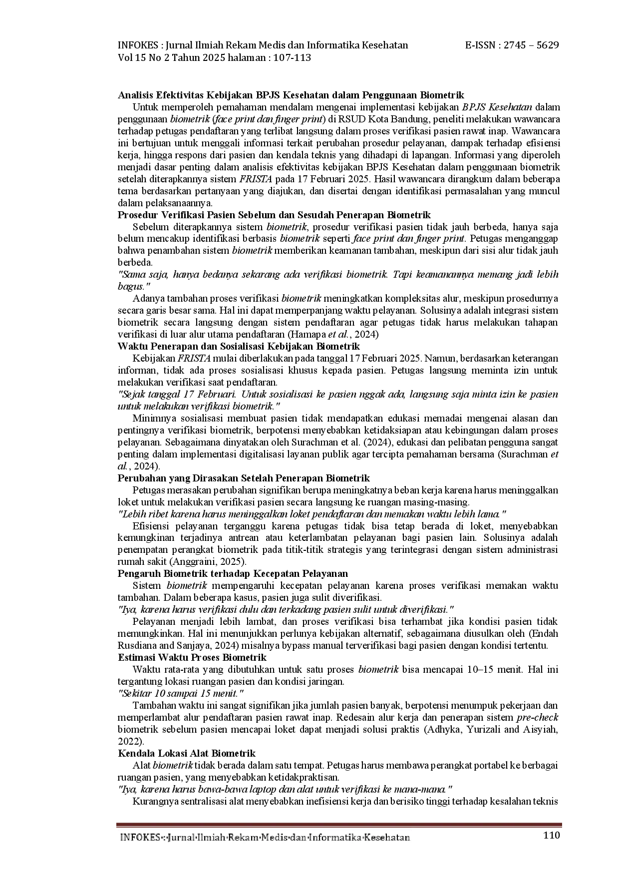 juris Analisis Efektivitas Penggunaan Biometrik BPJS pada Rawat Inap di RSUD Kota Bandung