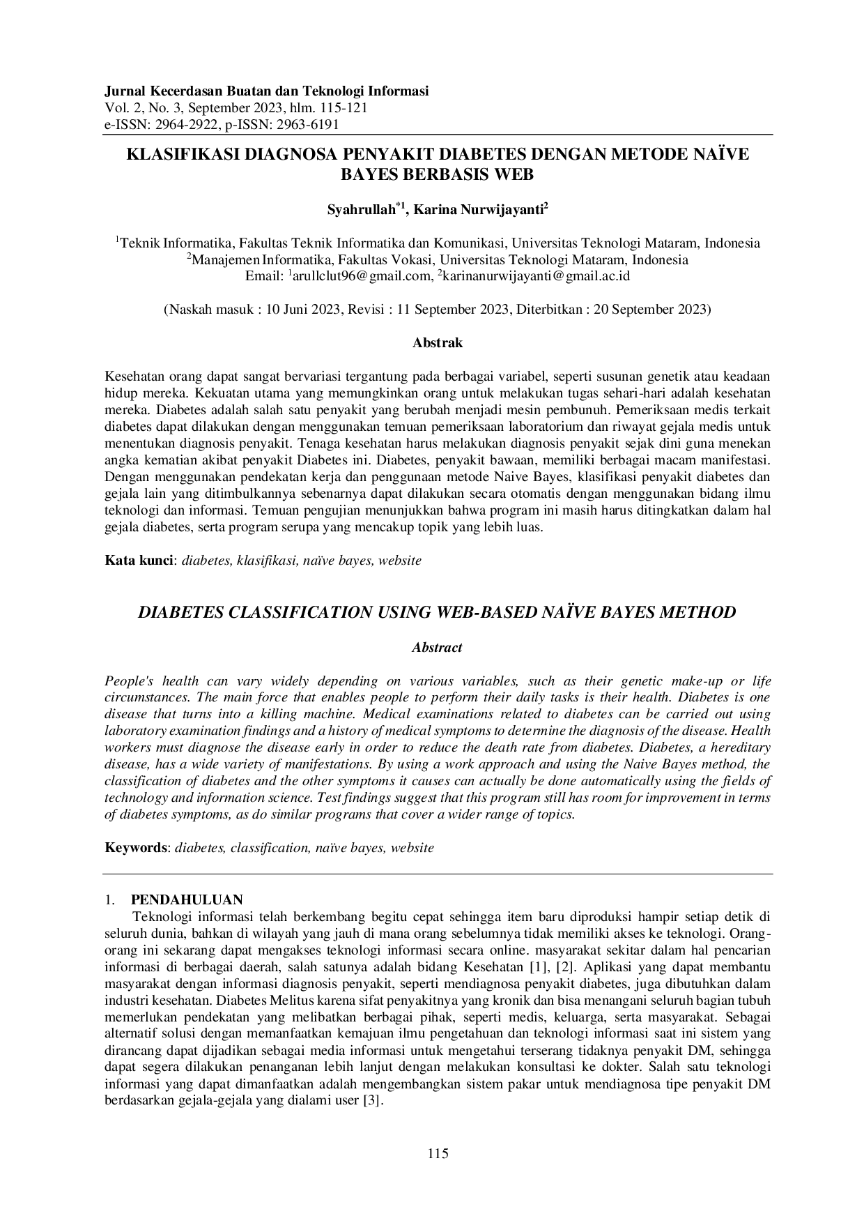 juris Klasifikasi Diagnosa Penyakit Diabetes Dengan Metode Na ve Bayes Berbasis Web
