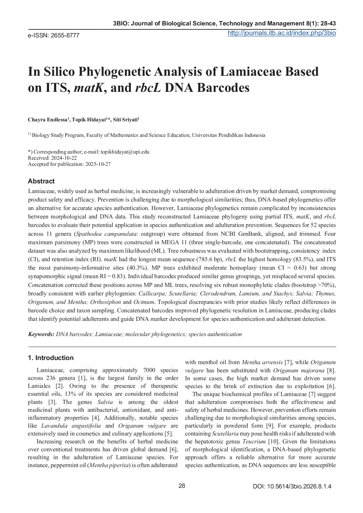 JURIS In Silico Phylogenetic Analysis of Lamiaceae Based on ITS matK and rbcL DNA Barcodes