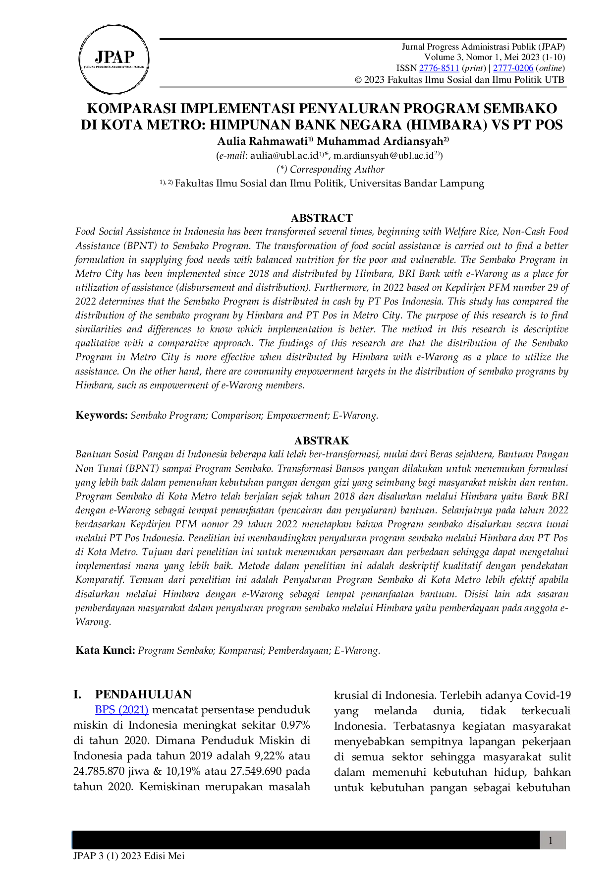 JURIS Komparasi Implementasi Penyaluaran Program Sembako Di Kota Metro Himpunan Bank Negara Himbara Vs Pt Pos