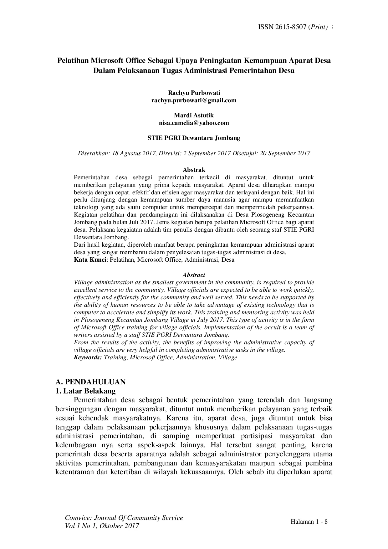 juris Pelatihan Microsoft Office Sebagai Upaya Peningkatan Kemampuan Aparat Desa Dalam Pelaksanaan Tugas Administrasi Pemerintahan Desa