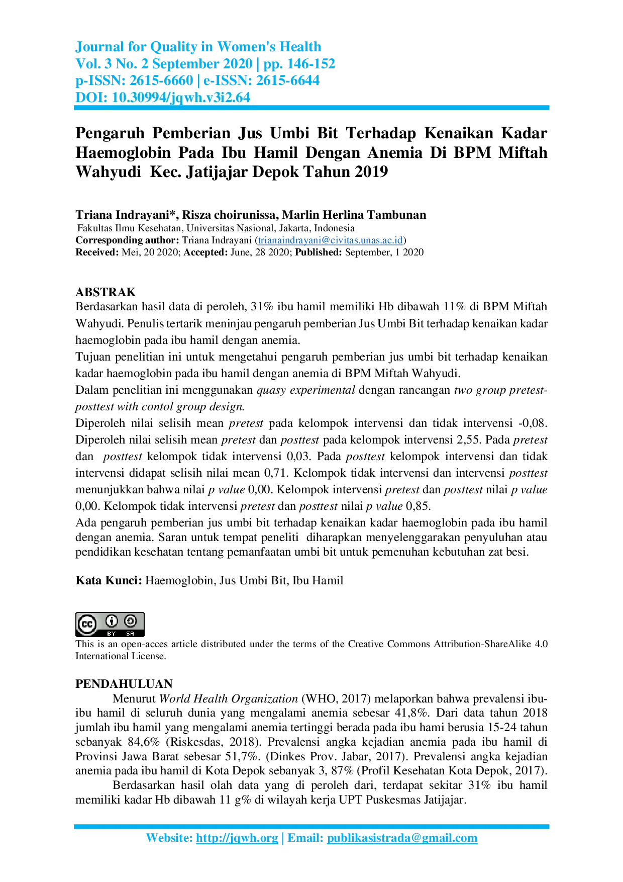 JURIS Pengaruh Pemberian Jus Umbi Bit Terhadap Kenaikan Kadar Haemoglobin Pada Ibu Hamil Dengan Anemia Di BPM Miftah Wahyudi Kec Jatijajar Depok Tahun 2019