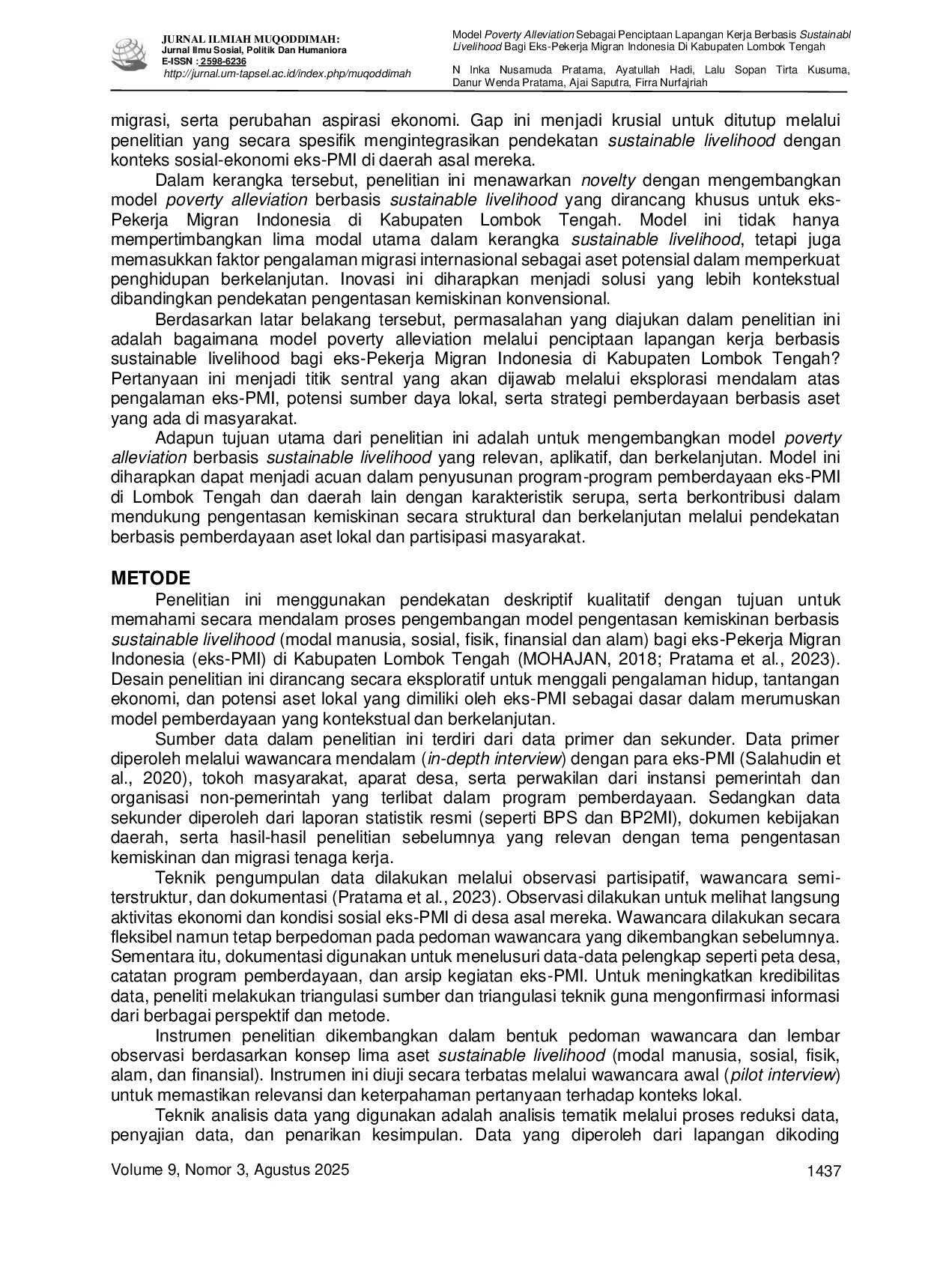 JURIS Model Poverty Alleviation Sebagai Penciptaan Lapangan Kerja Berbasis Sustainable Livelihood Bagi Eks Pekerja Migran Indonesia Di Kabupaten Lombok Tengah