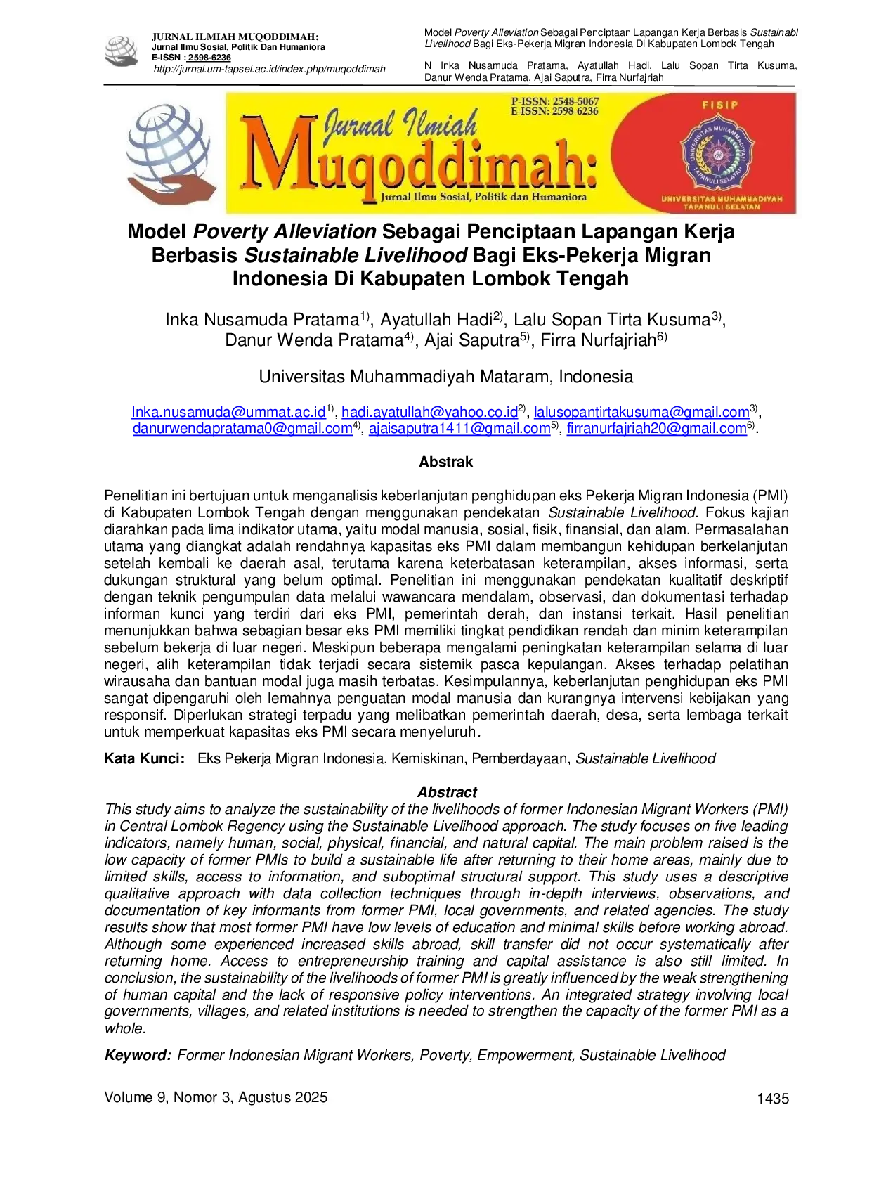 JURIS Model Poverty Alleviation Sebagai Penciptaan Lapangan Kerja Berbasis Sustainable Livelihood Bagi Eks Pekerja Migran Indonesia Di Kabupaten Lombok Tengah