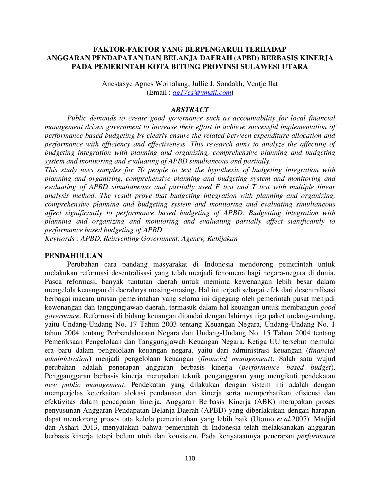 JURIS Faktor Faktor Yang Berpengaruh Terhadap Anggaran Pendapatan Dan Belanja Daerah APBD Berbasis Kinerja Pada Pemerintah Kota Bitung Provinsi Sulawesi Utara