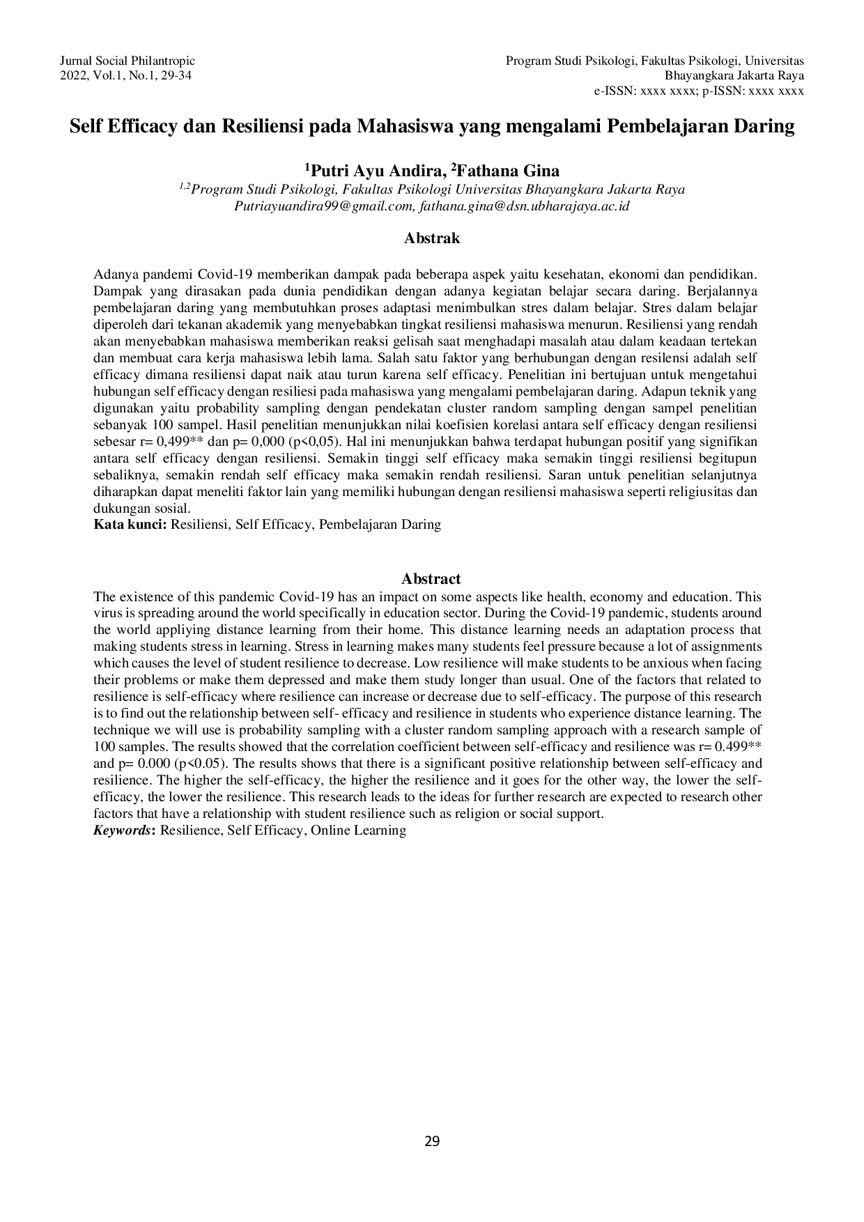 JURIS Self Efficacy dan Resiliensi pada Mahasiswa yang mengalami Pembelajaran Daring Putri Ayu Andira Fathana Gina