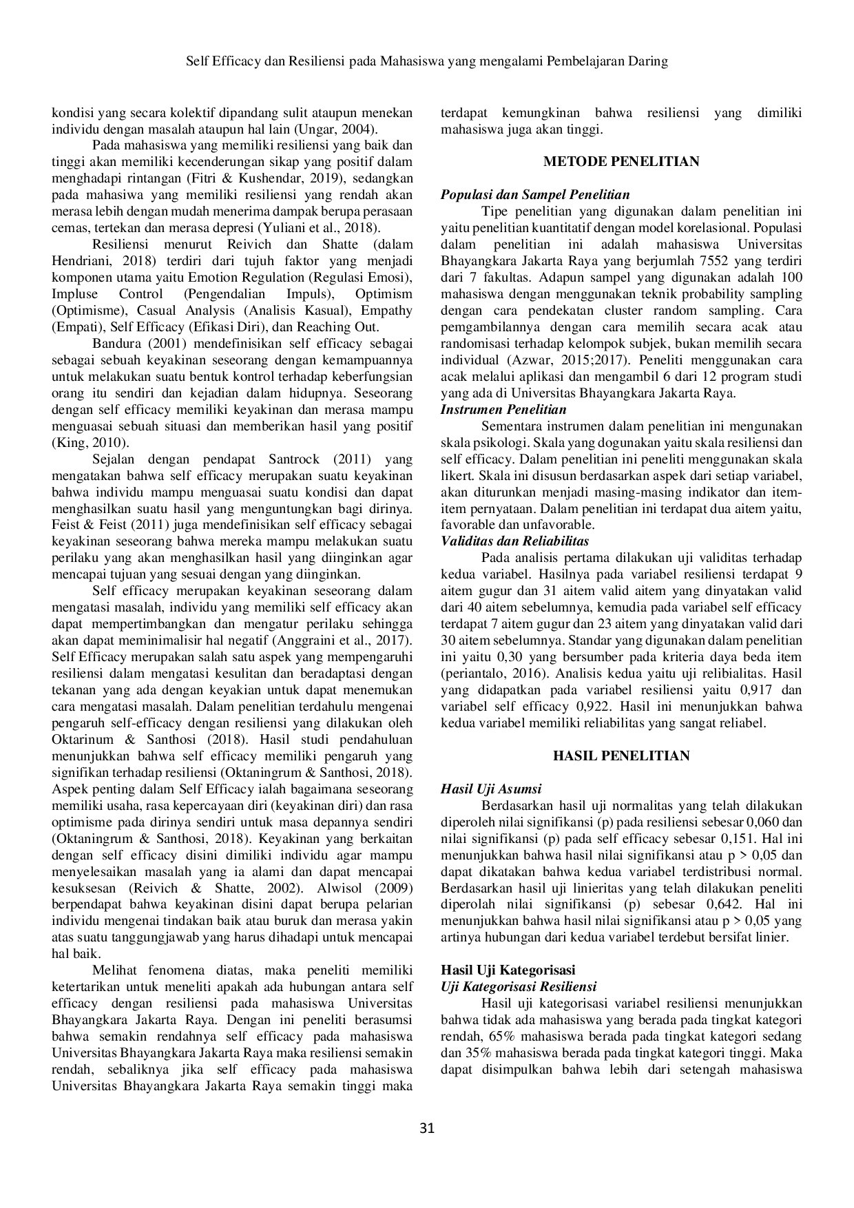 JURIS Self Efficacy dan Resiliensi pada Mahasiswa yang mengalami Pembelajaran Daring Putri Ayu Andira Fathana Gina