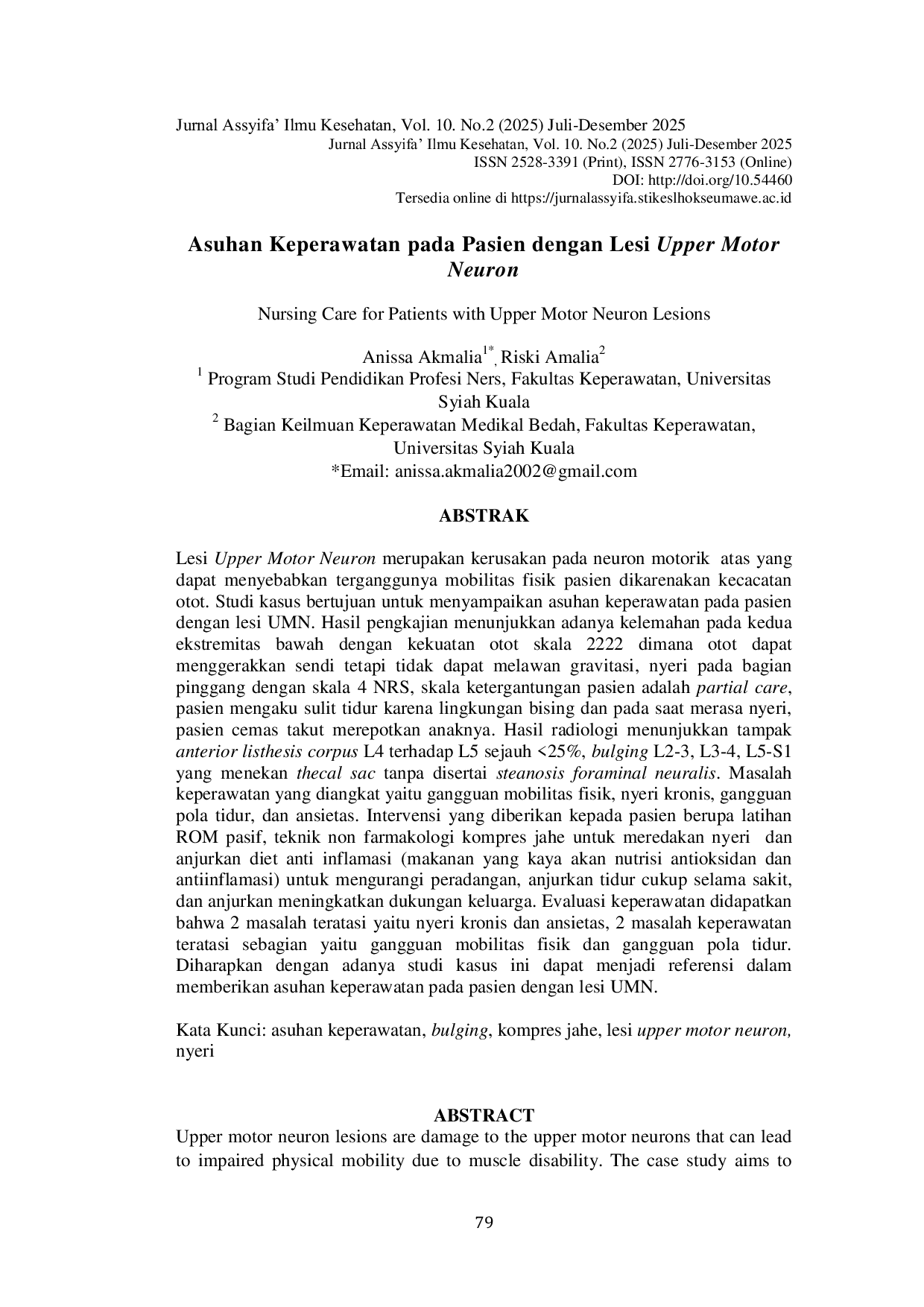 JURIS Asuhan Keperawatan pada Pasien dengan Lesi Upper Motor Neuron Asuhan Keperawatan pada Pasien dengan Lesi Upper Motor Neuron