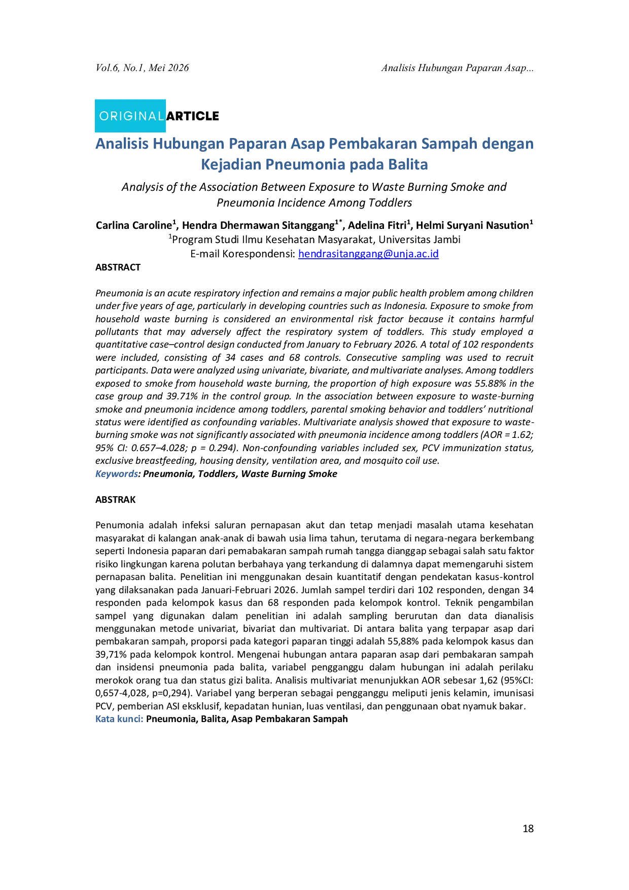 JURIS Analisis Hubungan Paparan Asap Pembakaran Sampah dengan Kejadian Pneumonia pada Balita Analysis of the Association Between Exposure to Waste Burning Smoke and Pneumonia Incidence Among Toddlers