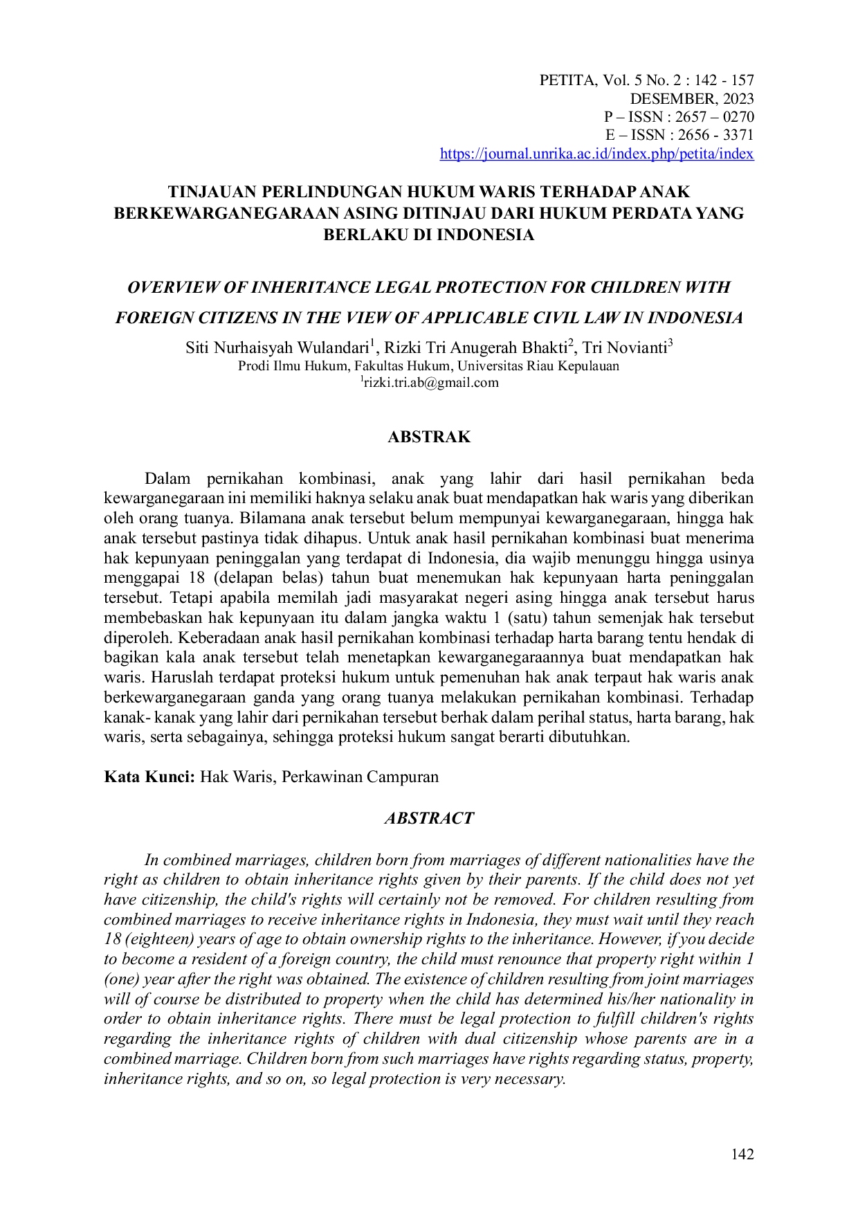 JURIS Tinjauan Perlindungan Hukum Waris Terhadap Anak Berkewarganegaraan Asing Ditinjau Dari Hukum Perdata Yang Berlaku Di Indonesia