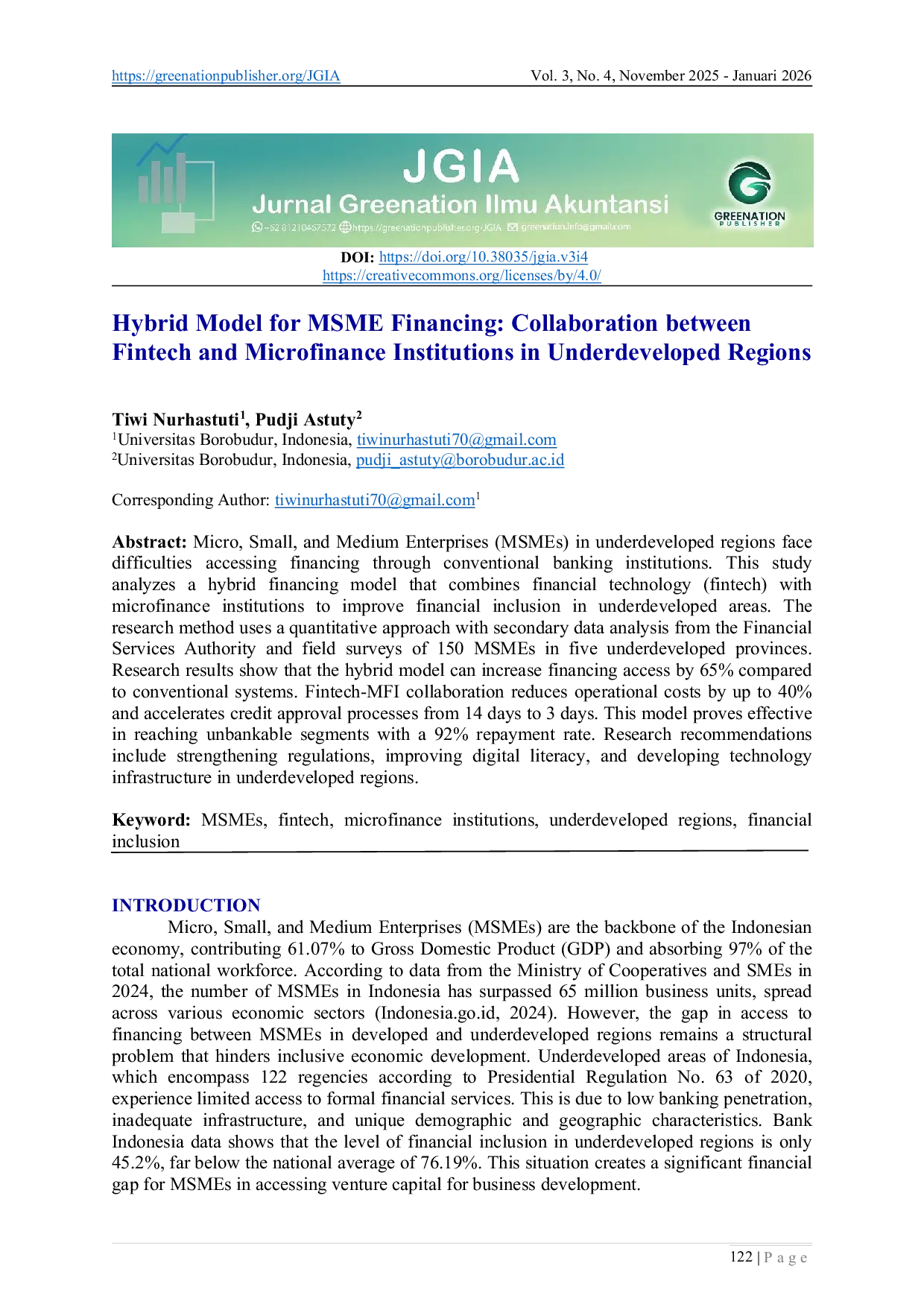 JURIS Hybrid Model for MSME Financing Collaboration between Fintech and Microfinance Institutions in Underdeveloped Regions