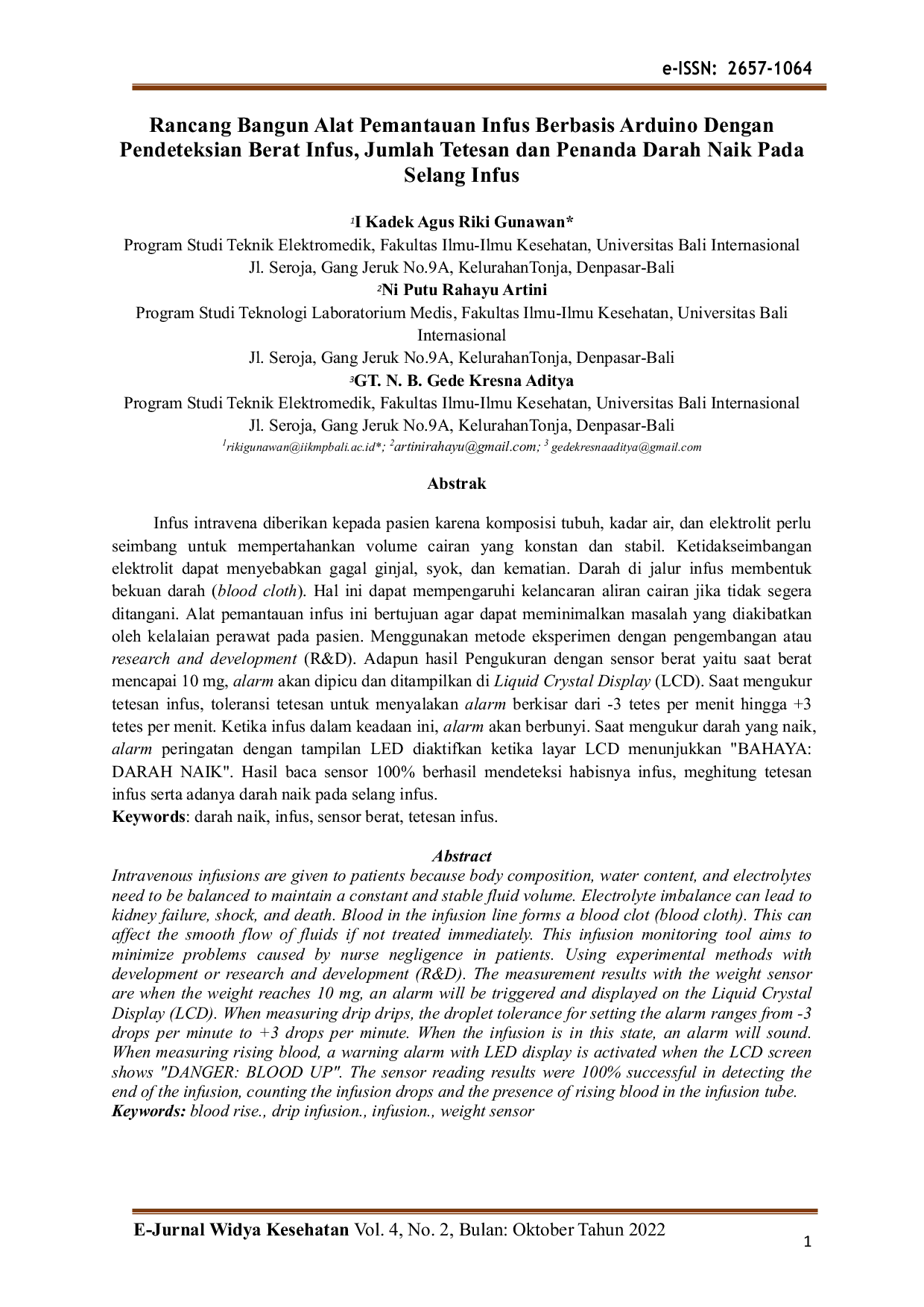 JURIS Rancang Bangun Alat Pemantauan Infus Berbasis Arduino Dengan Pendeteksian Berat Infus Jumlah Tetesan dan Penanda Darah Naik Pada Selang Infus