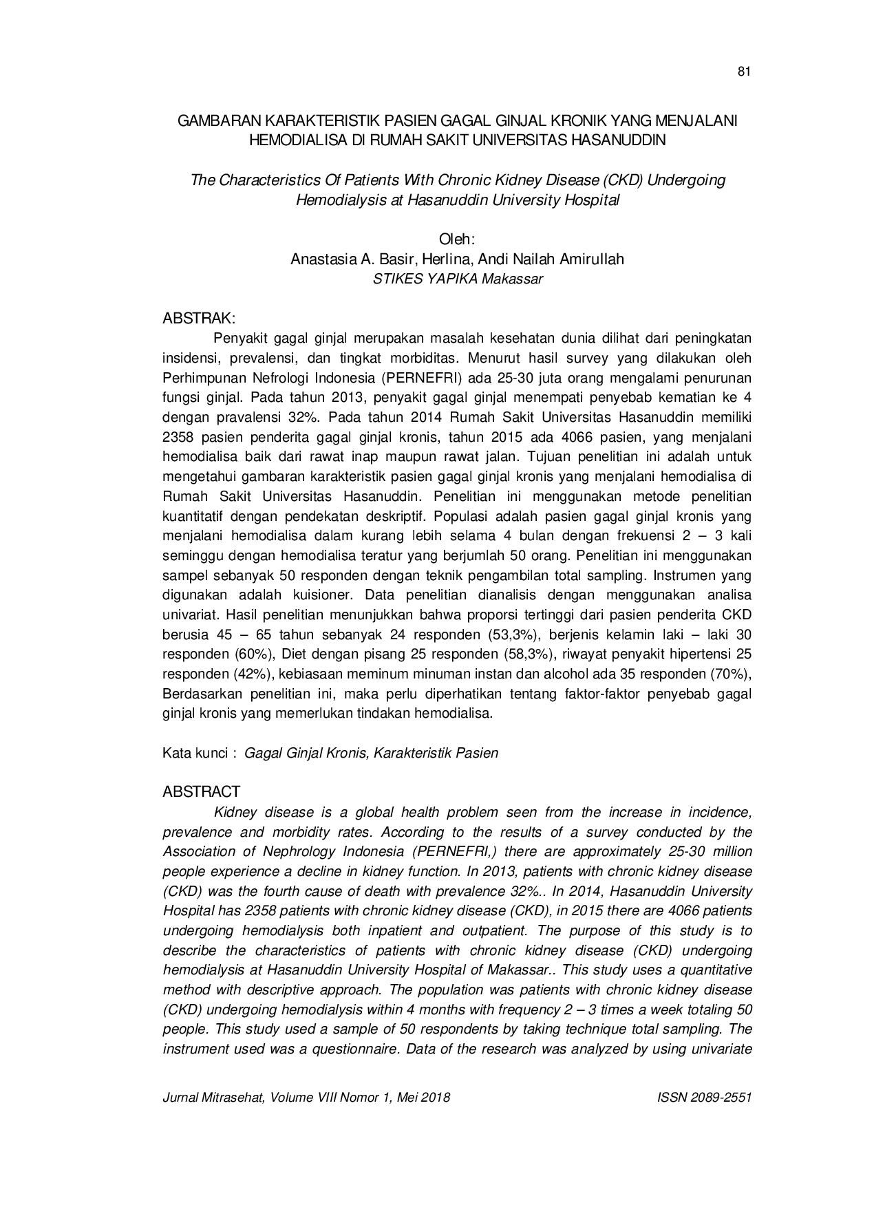 JURIS Gambaran Karakteristik Pasien Gagal Ginjal Kronik Yang Menjalani Hemodialisa Di Rumah Sakit Universitas Hasanuddin