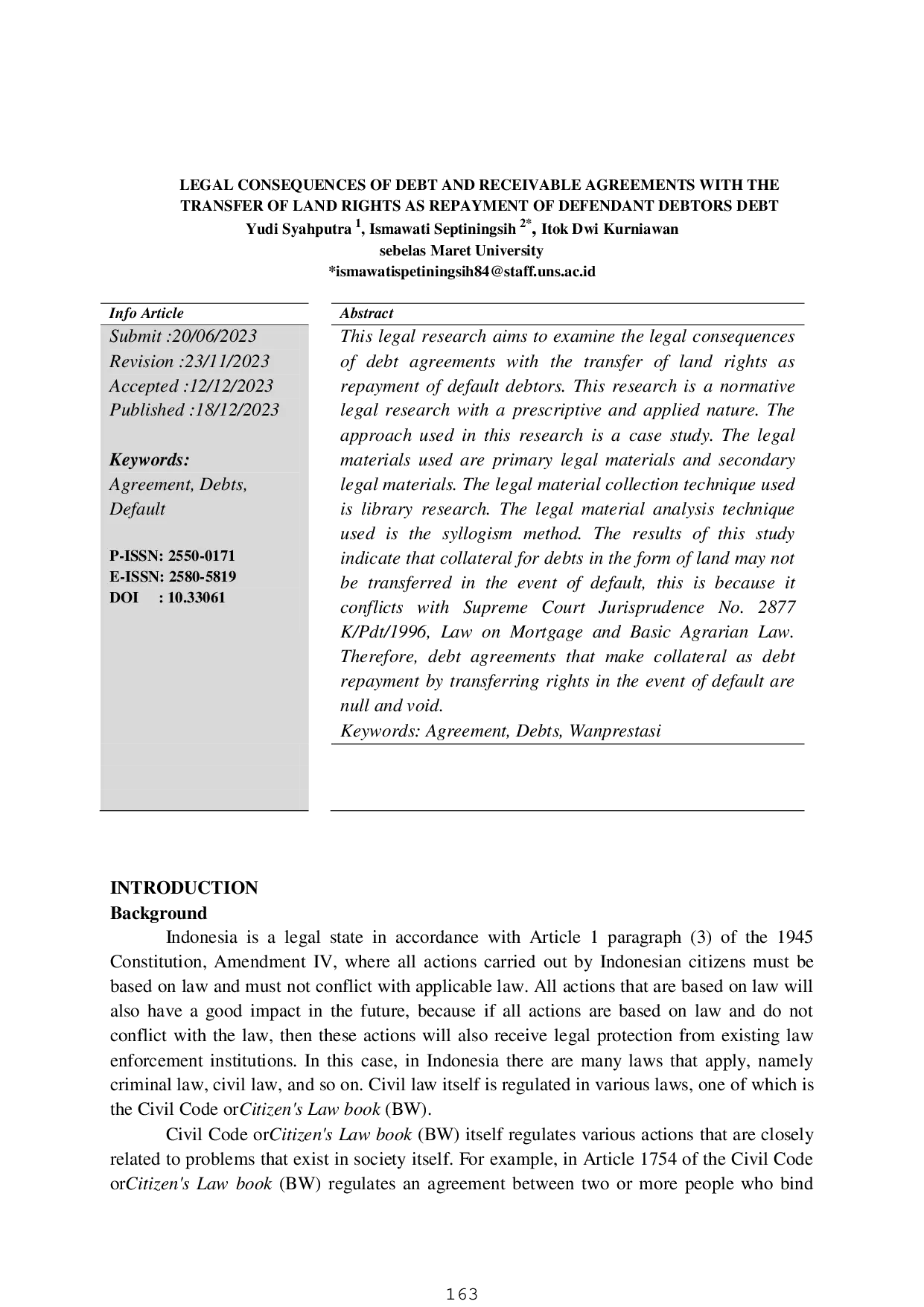juris Legal Consequences of Debt and Receivable Agreements with the Transfer of Land Rights as Repayment of Defendant Debtors Debt