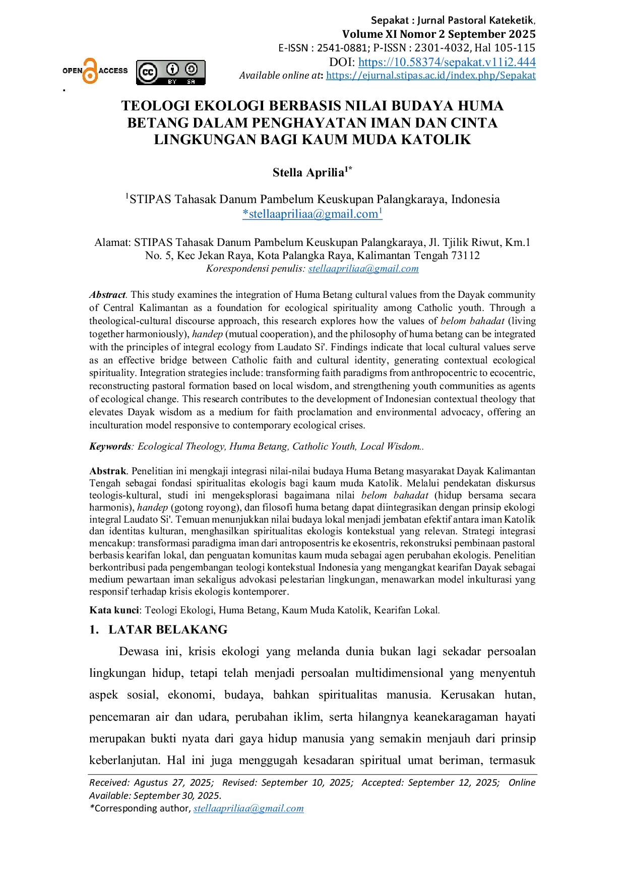 JURIS Teologi Ekologi Berbasis Nilai Budaya Huma Betang dalam Penghayatan Iman dan Cinta Lingkungan Bagi Kaum Muda Katolik