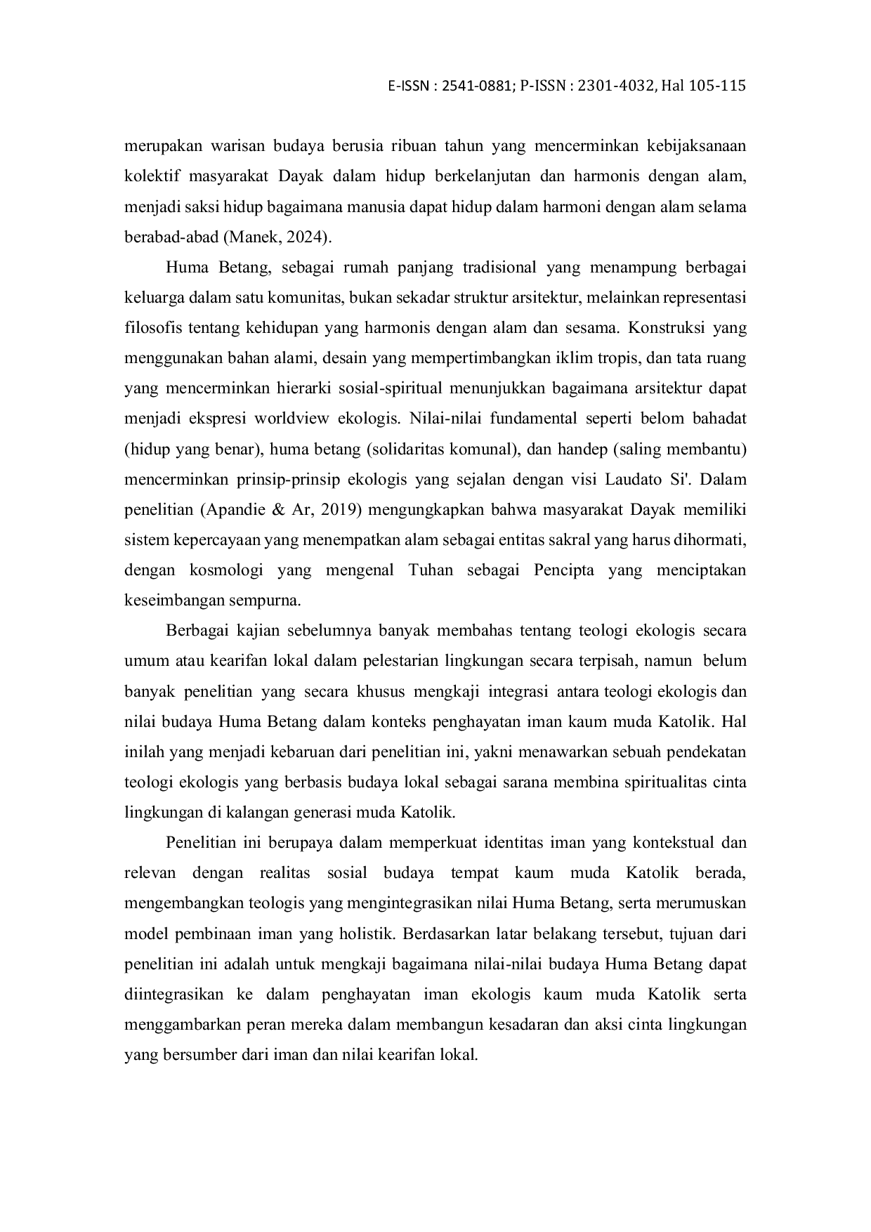 JURIS Teologi Ekologi Berbasis Nilai Budaya Huma Betang dalam Penghayatan Iman dan Cinta Lingkungan Bagi Kaum Muda Katolik