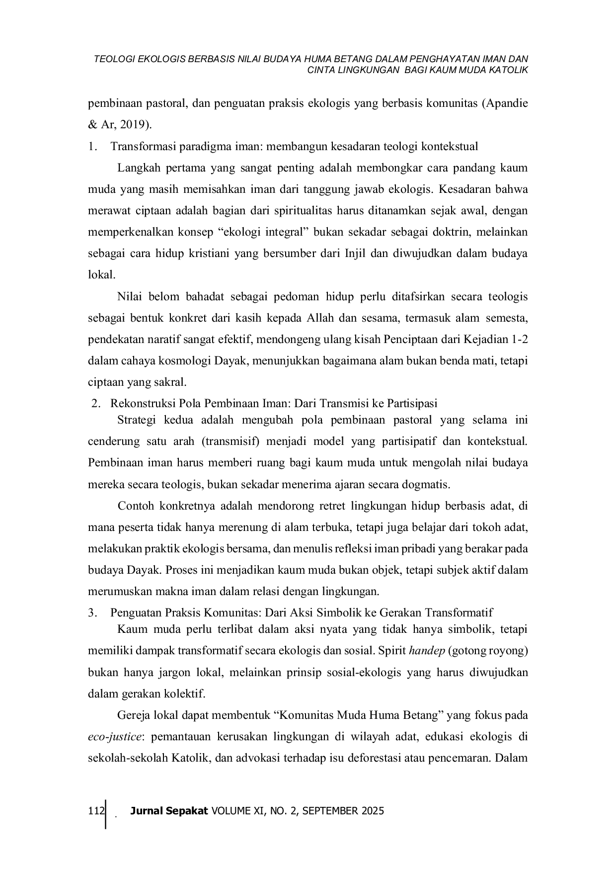 JURIS Teologi Ekologi Berbasis Nilai Budaya Huma Betang dalam Penghayatan Iman dan Cinta Lingkungan Bagi Kaum Muda Katolik