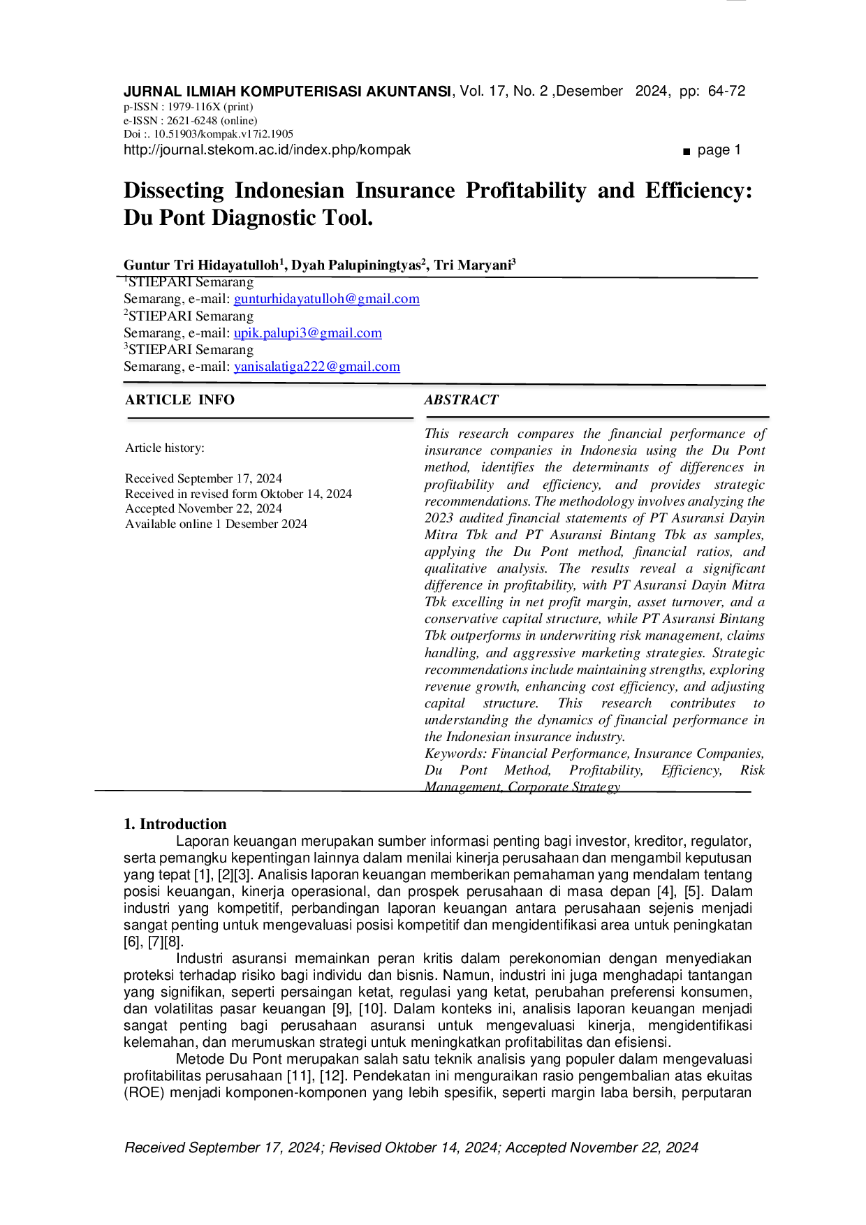 JURIS Dissecting Indonesian Insurance Profitability and Efficiency Du Pont Diagnostic Tool