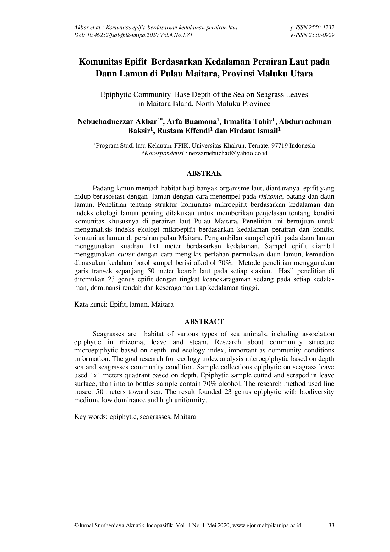 JURIS Epiphytic Community Base Depth of the Sea on Seagrass Leaves in Maitara Island North Maluku Province