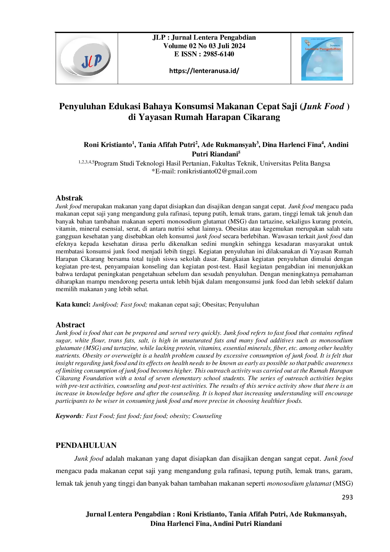 juris Penyuluhan Edukasi Bahaya Konsumsi Makanan Cepat Saji Junk Food Di Yayasan Rumah Harapan Cikarang