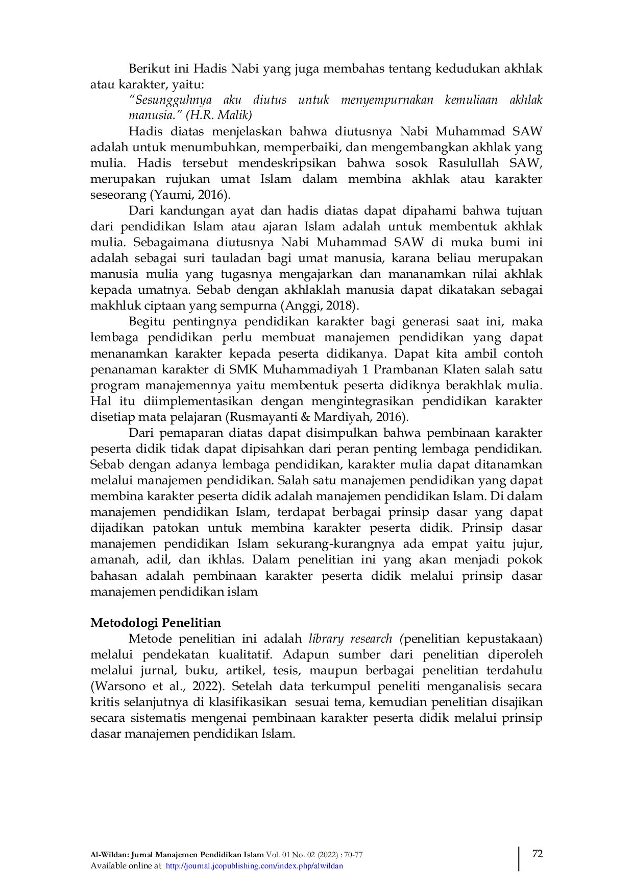 JURIS Pembinaan Karakter Peserta Didik Melalui Prinsip Dasar Manajemen Pendidikan Islam