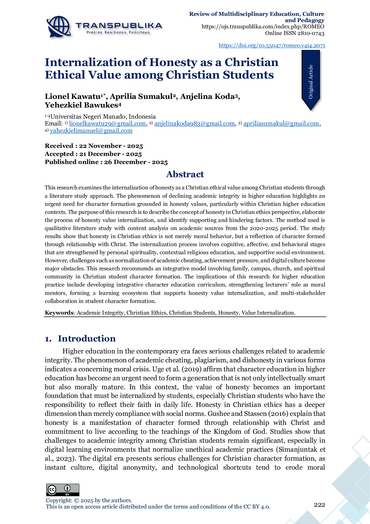 JURIS Internalization of Honesty as a Christian Ethical Value among Christian Students