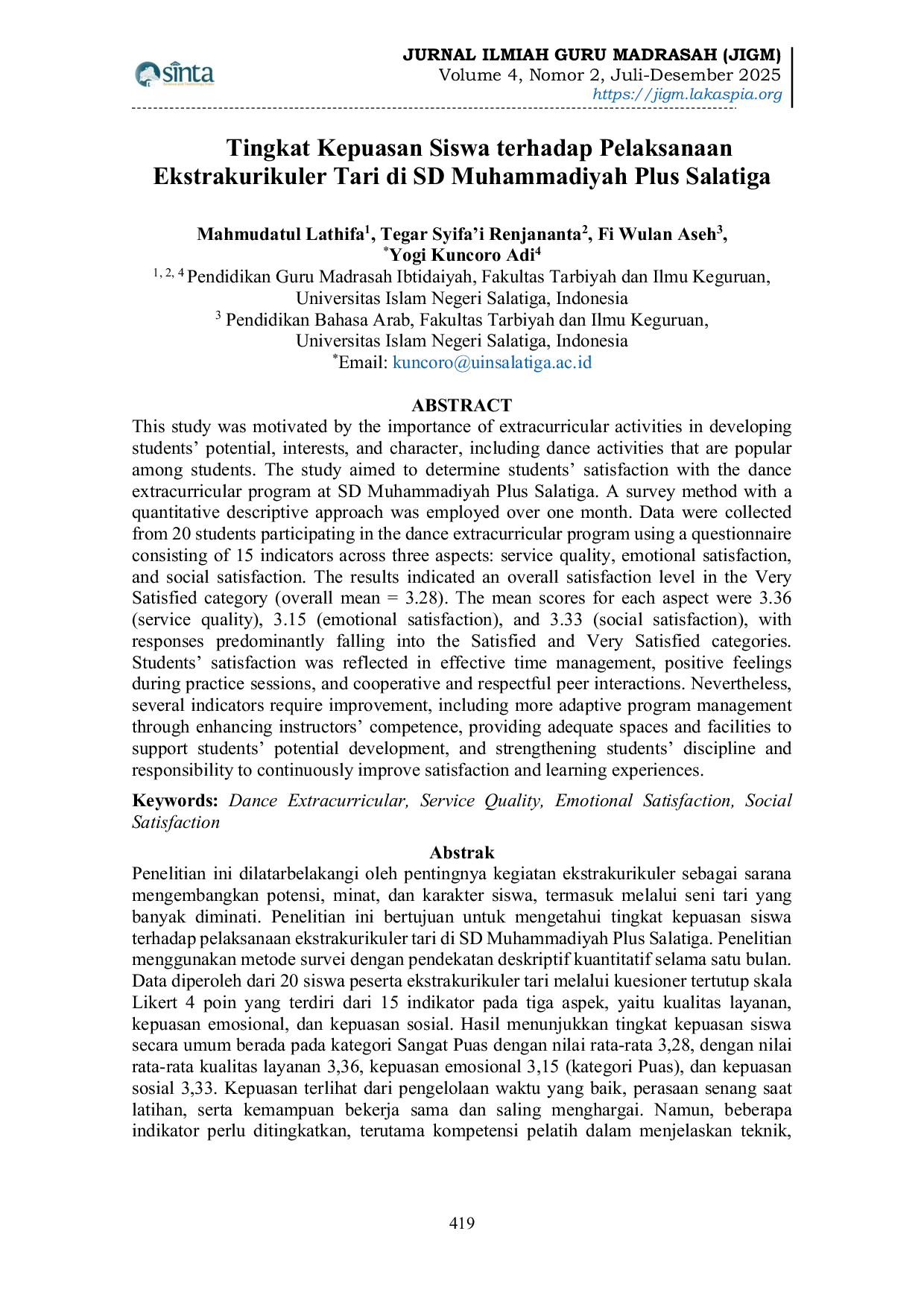 JURIS Tingkat Kepuasan Siswa terhadap Pelaksanaan Ekstrakurikuler Tari di SD Muhammadiyah Plus Salatiga