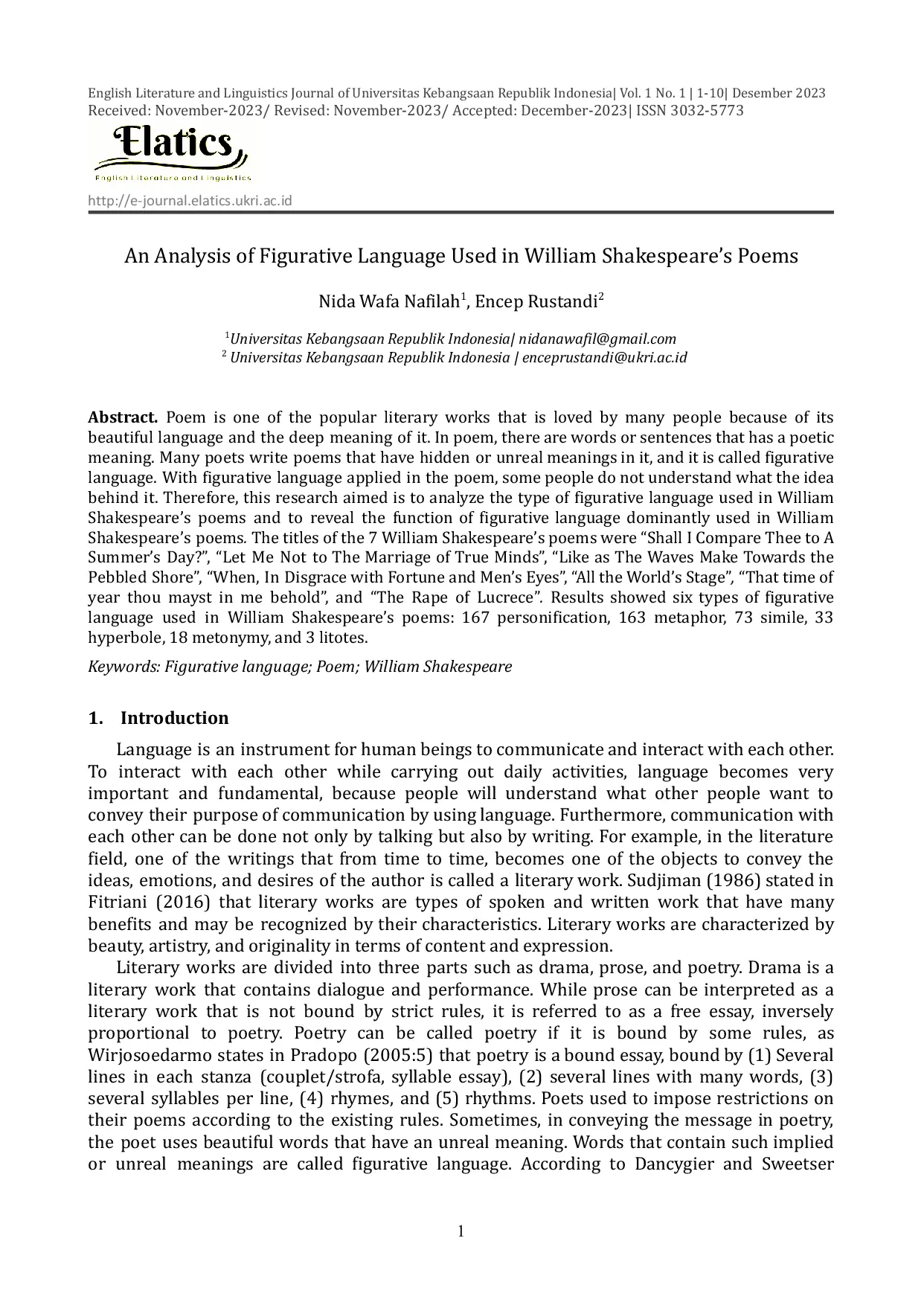 JURIS Figurative Language An Analysis of Figurative Language Used in William Shakespeare s Poems Figurative language Poem William Shakespeare