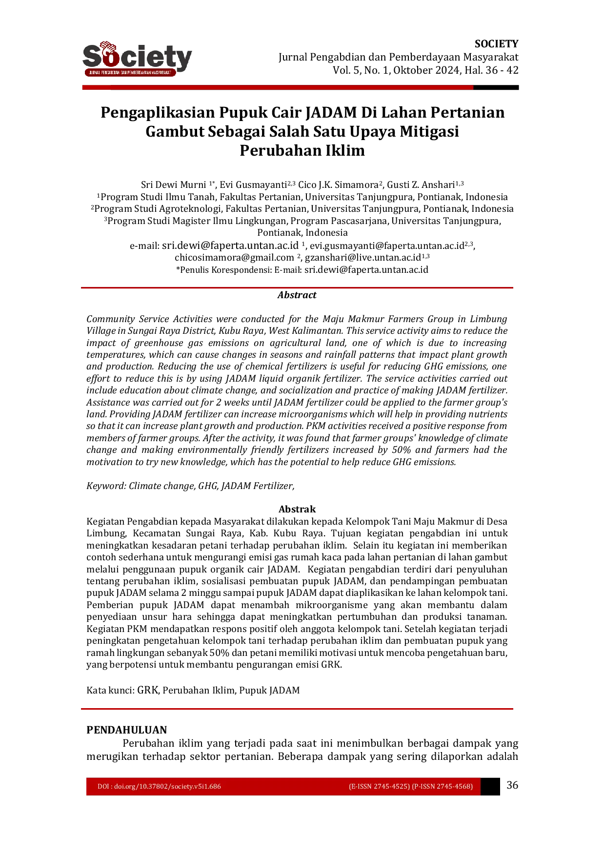 JURIS Pengaplikasian Pupuk Cair JADAM Di Lahan Pertanian Gambut Sebagai Salah Satu Upaya Mitigasi Perubahan Iklim