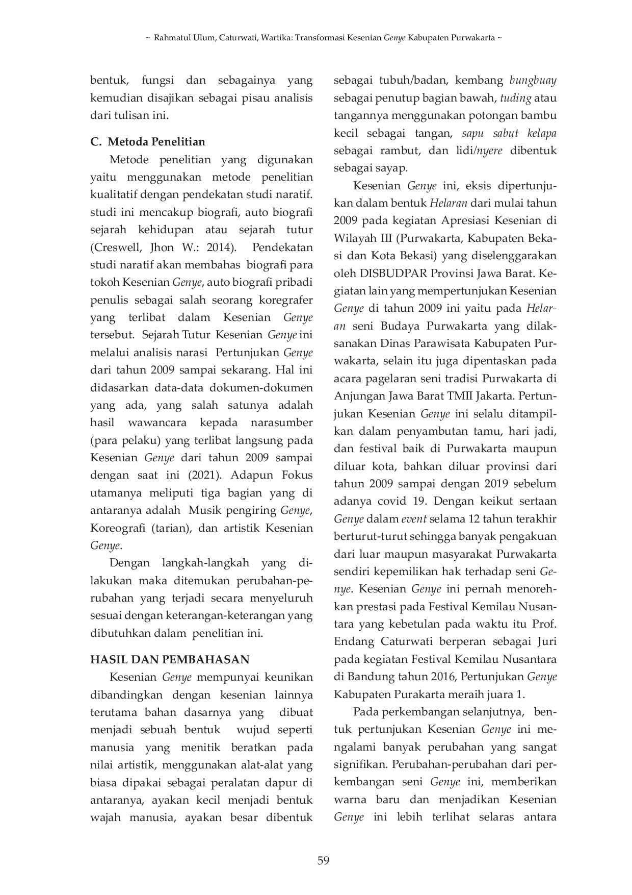 JURIS Transformasi Kesenian Genye Kabupaten Purwakarta