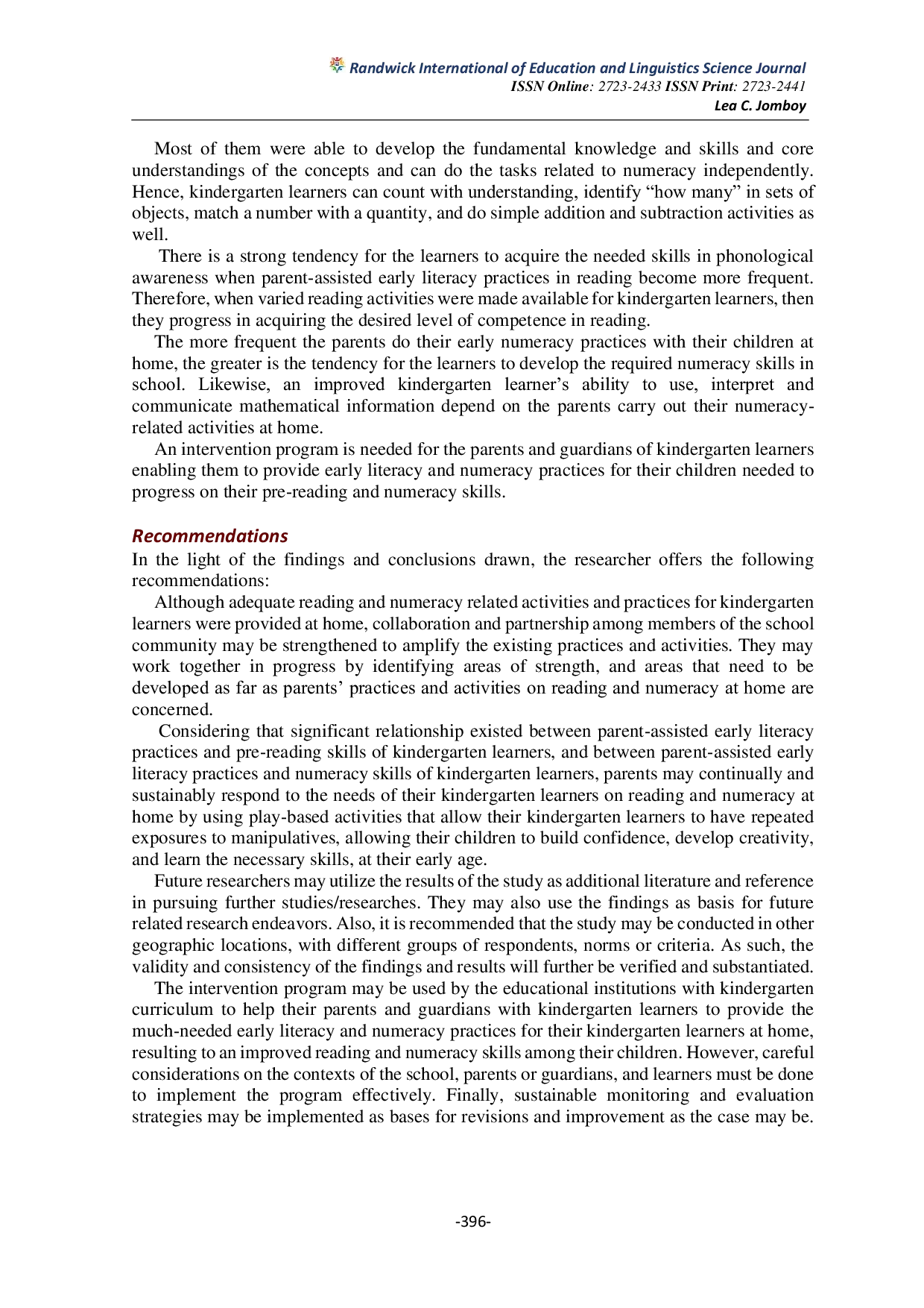 JURIS Parent Assisted Early Literacy and Numeracy Practices Basis for A Proposed Intervention Program
