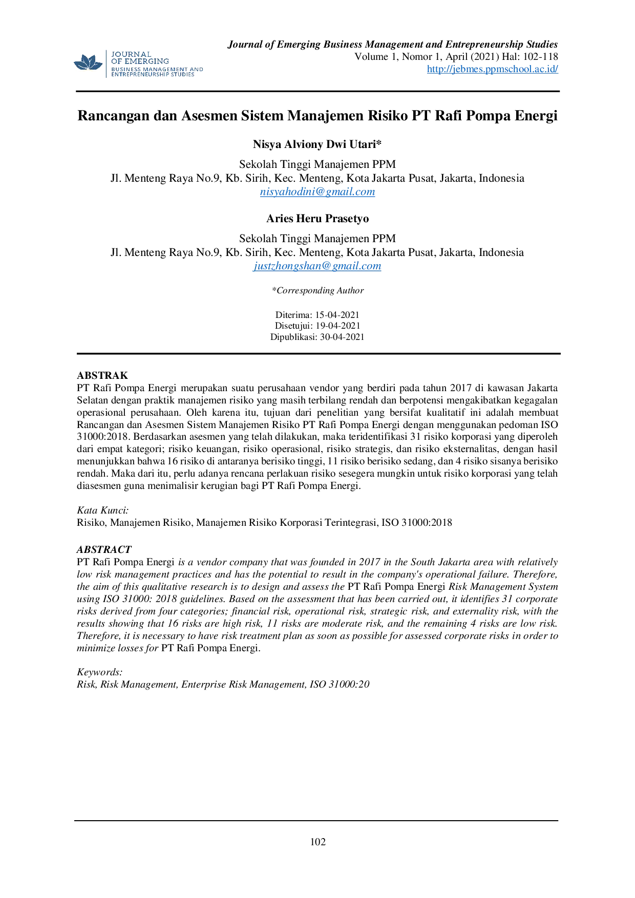 JURIS Rancangan dan Asesmen Sistem Manajemen Risiko PT Rafi Pompa Energi