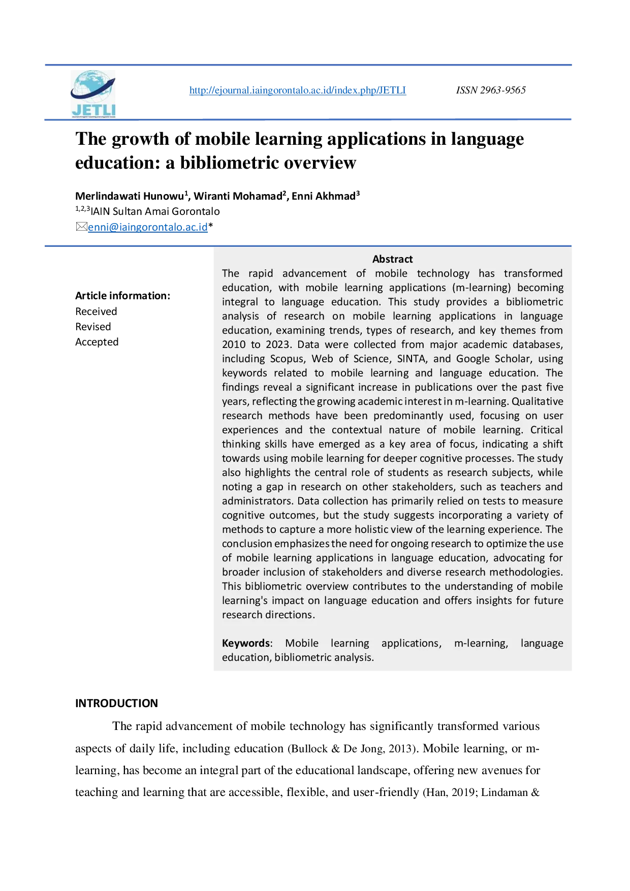 JURIS The Growth of Mobile Learning Applications in Language Education A Bibliometric Overview