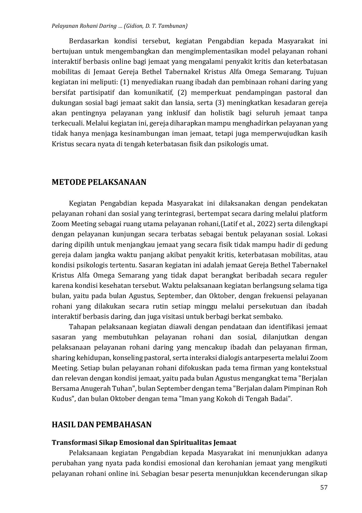 JURIS Pelayanan Rohani Daring Sebagai Ruang Pemulihan Spiritual Dan Komunitas Inklusif Di Gereja Bethel Tabernakel Kristus Alfa Omega Semarang