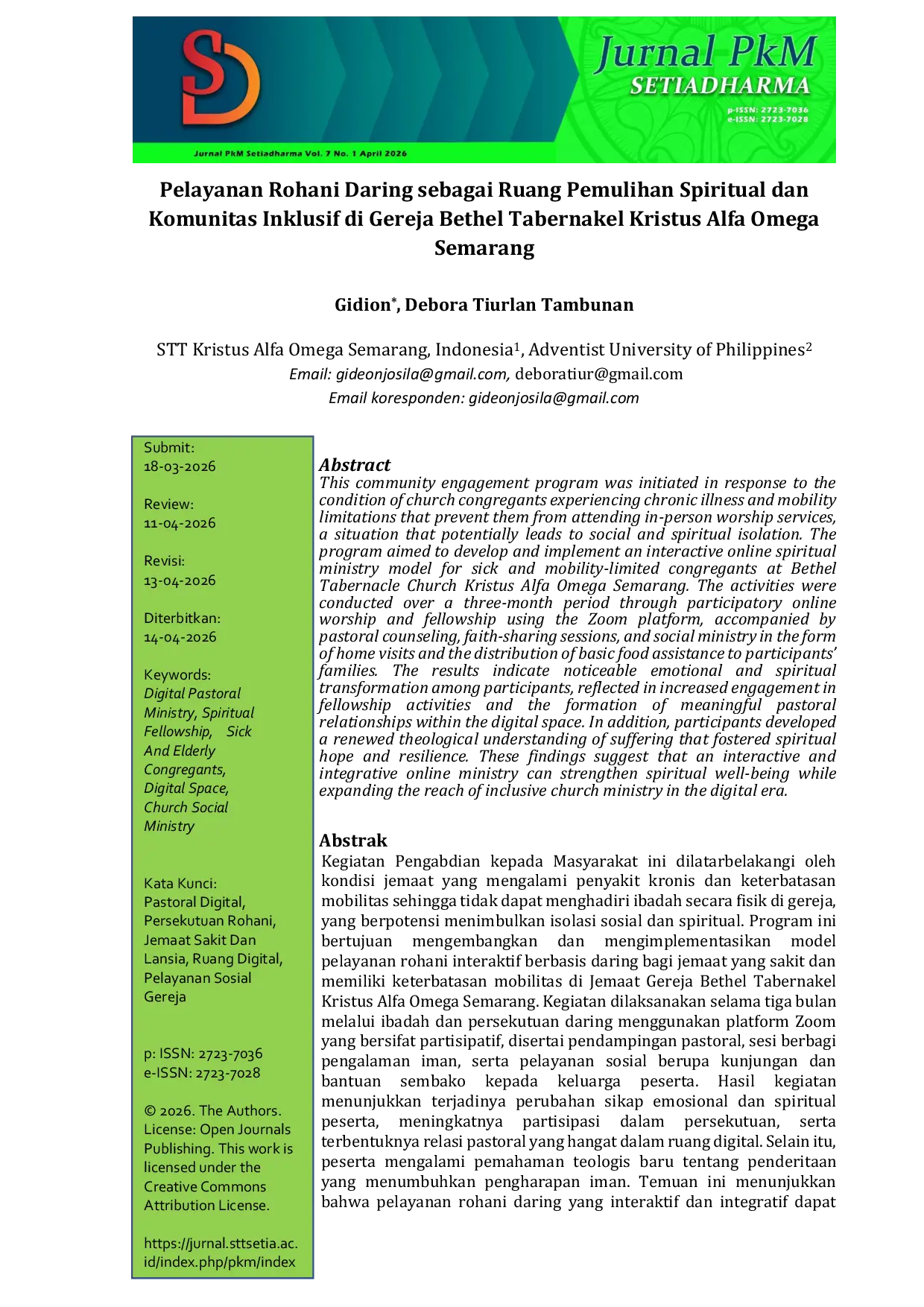 JURIS Pelayanan Rohani Daring Sebagai Ruang Pemulihan Spiritual Dan Komunitas Inklusif Di Gereja Bethel Tabernakel Kristus Alfa Omega Semarang