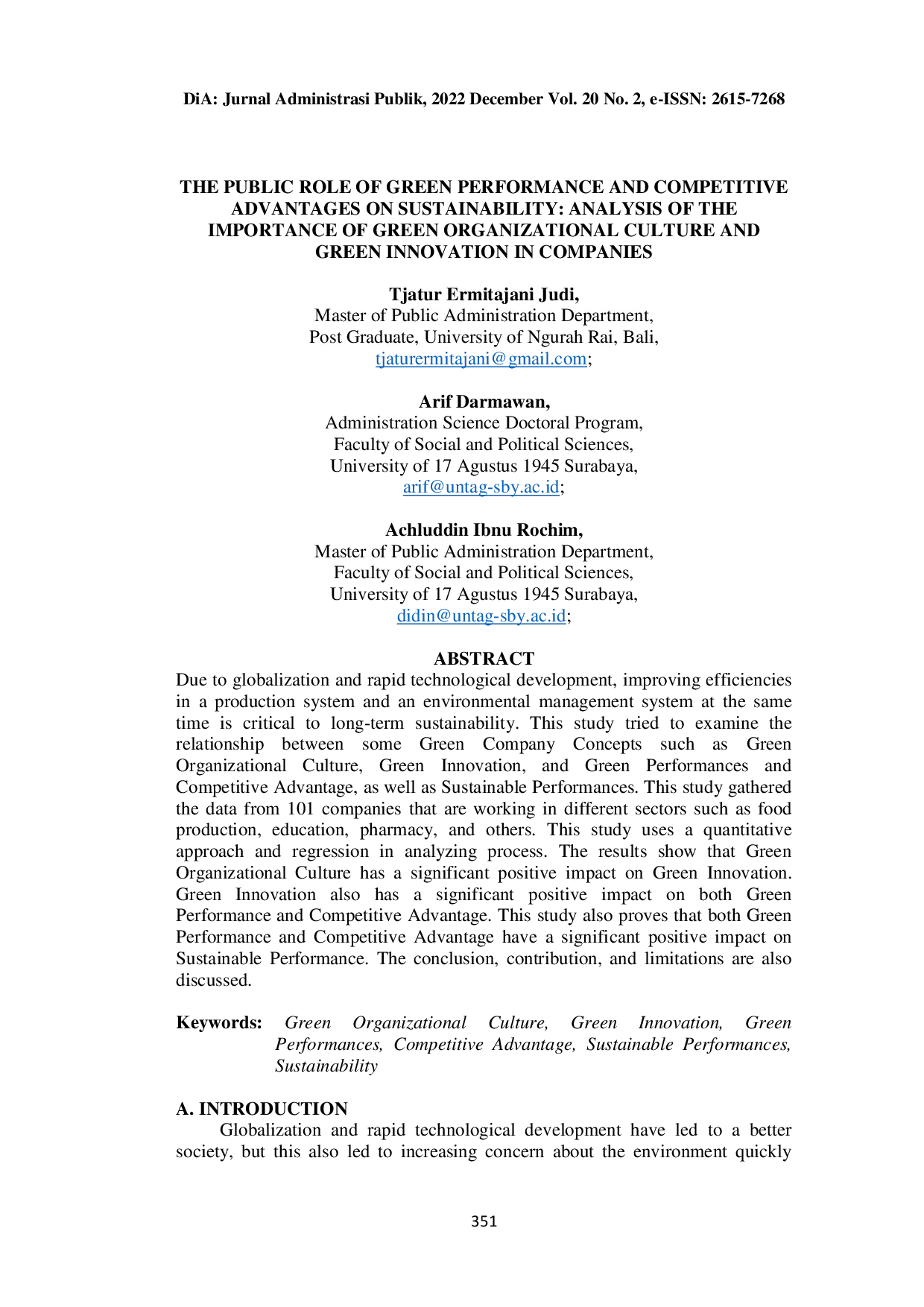 JURIS The Public Role of Green Performance and Competitive Advantages on Sustainability Analysis of the Importance of Green Organizational Culture and Green Innovation in Companies
